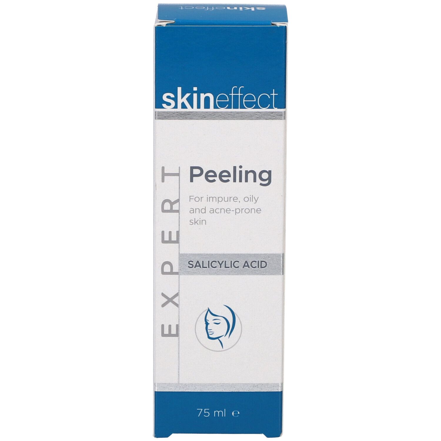Emballage Skineffect Peeling. Blanc, bleu. Inscription : Peeling, Acide salicylique. 75 ml.