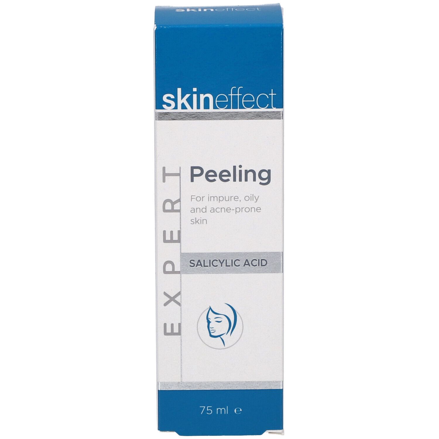 Emballage Skineffect Peeling. Blanc, bleu. Inscription : Peeling, Acide salicylique. 75 ml.