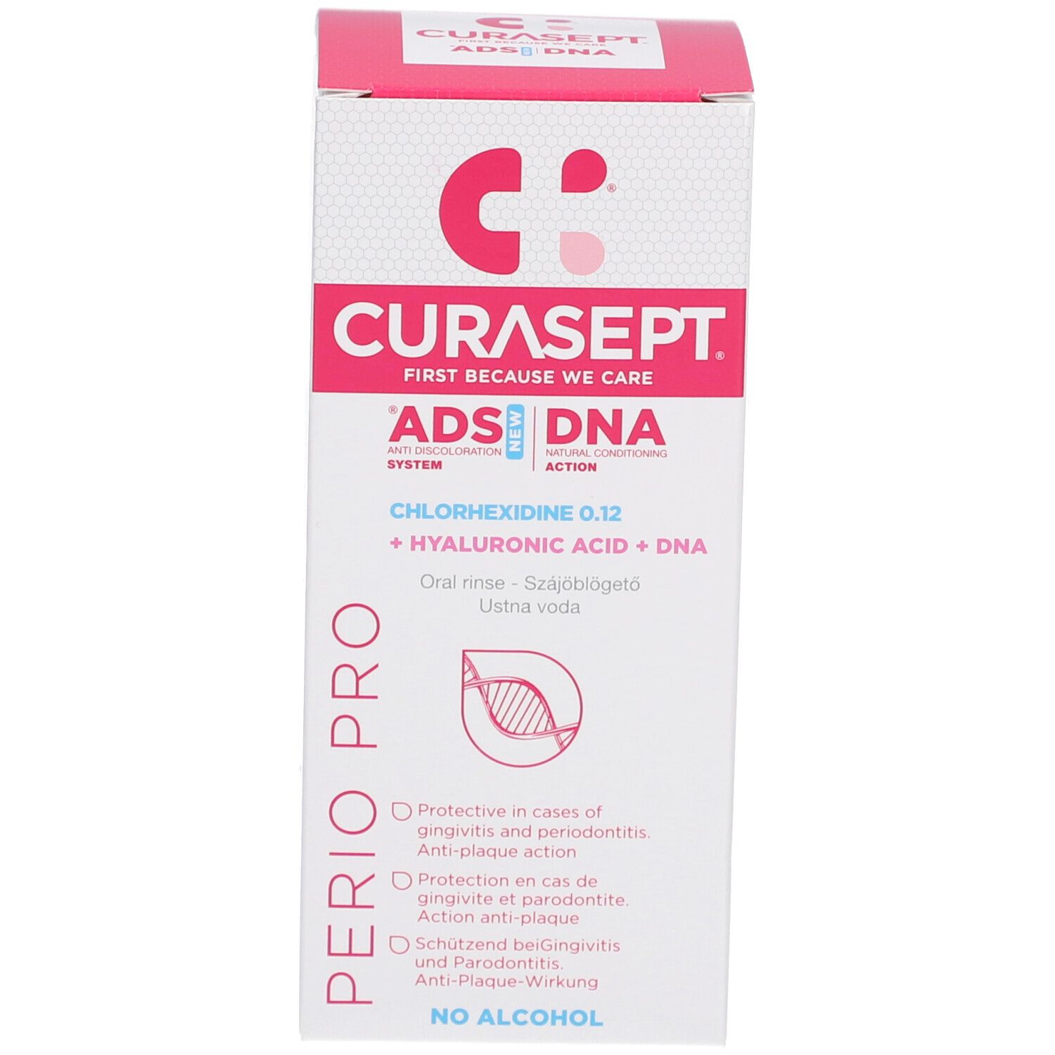 Boîte blanche avec accents roses. Texte: CURASEPT, ADS DNA, PERIO PRO, Chlorhexidine 0,12, Acide hyaluronique + ADN. Image d'une dent.