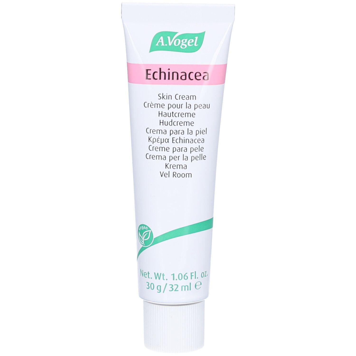 Tube de crème avec nom du produit et logo. Texte multilingue. Label végétalien.