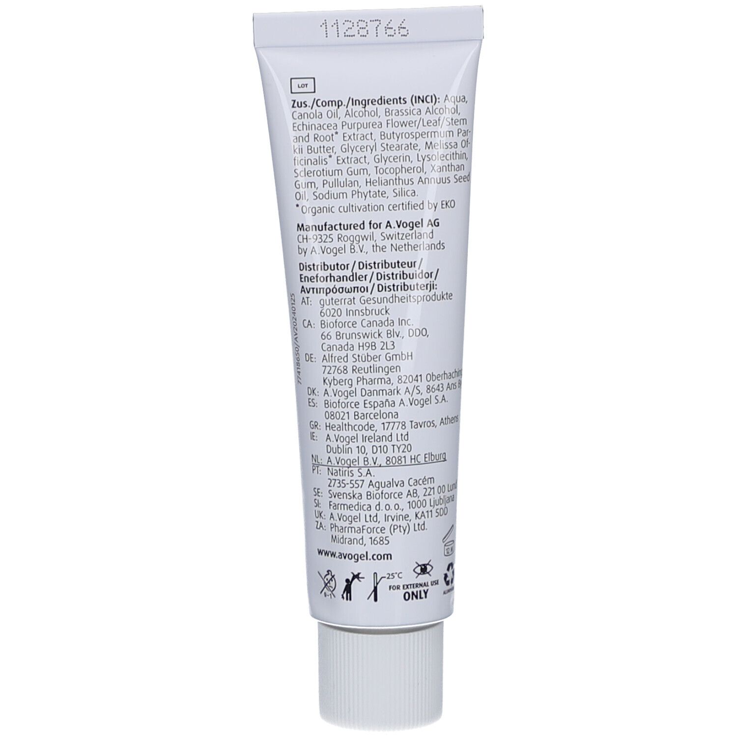 Dos du tube de crème avec ingrédients et informations fabricant. Texte multilingue.
