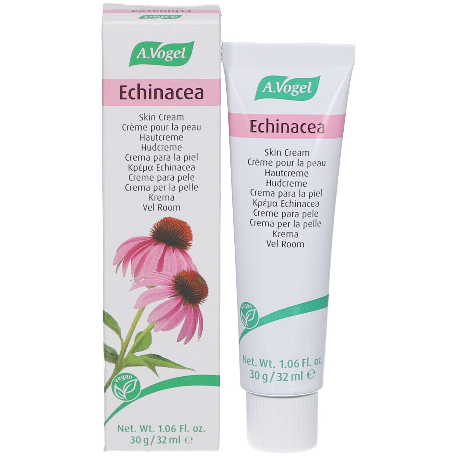 Emballage du produit avec tube et boîte. Nom du produit et logo. Label végétalien. Illustration d'une fleur.