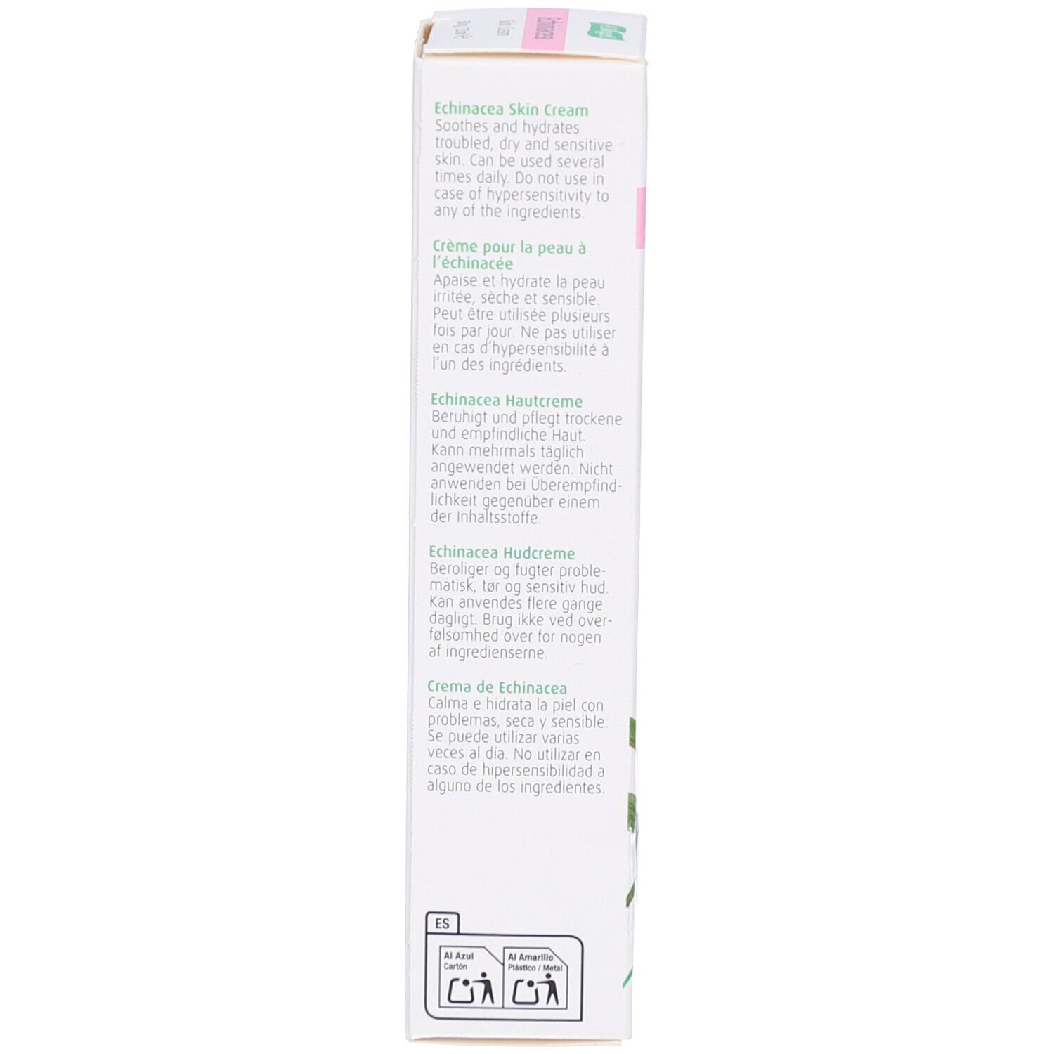 Vue latérale de l'emballage du produit avec texte multilingue. Label végétalien.