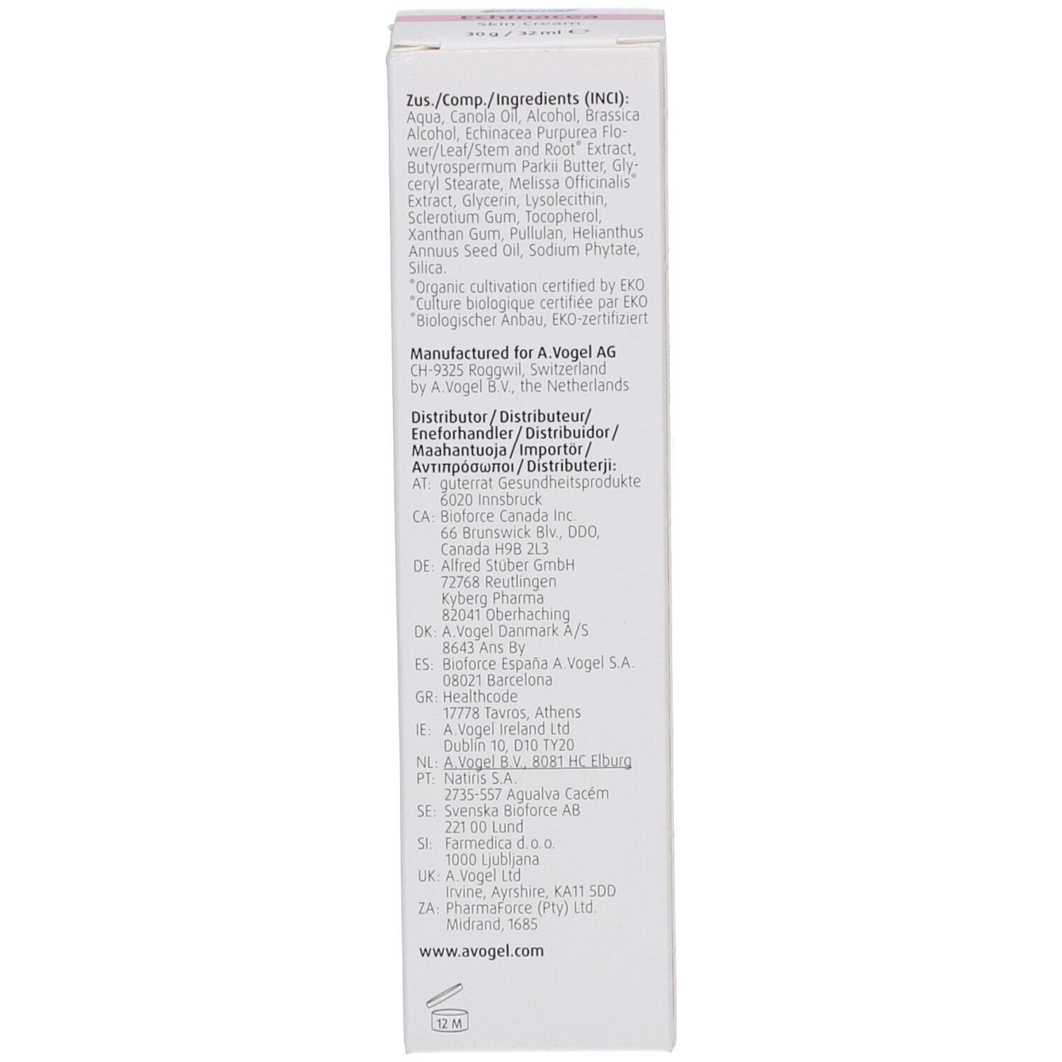 Dos de l'emballage du produit avec ingrédients et informations fabricant. Texte multilingue.