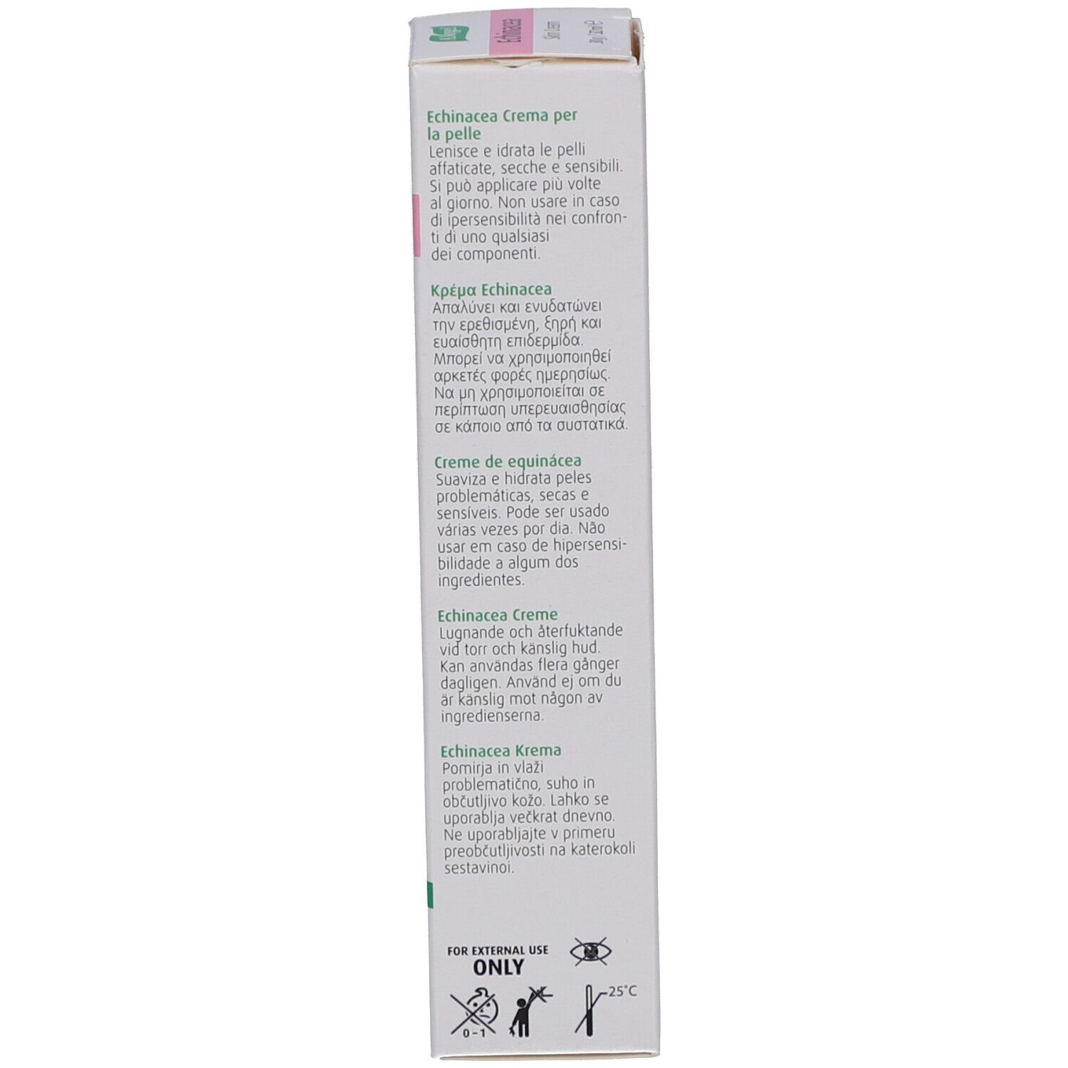 Vue latérale de l'emballage du produit avec texte multilingue. Instructions d'utilisation.