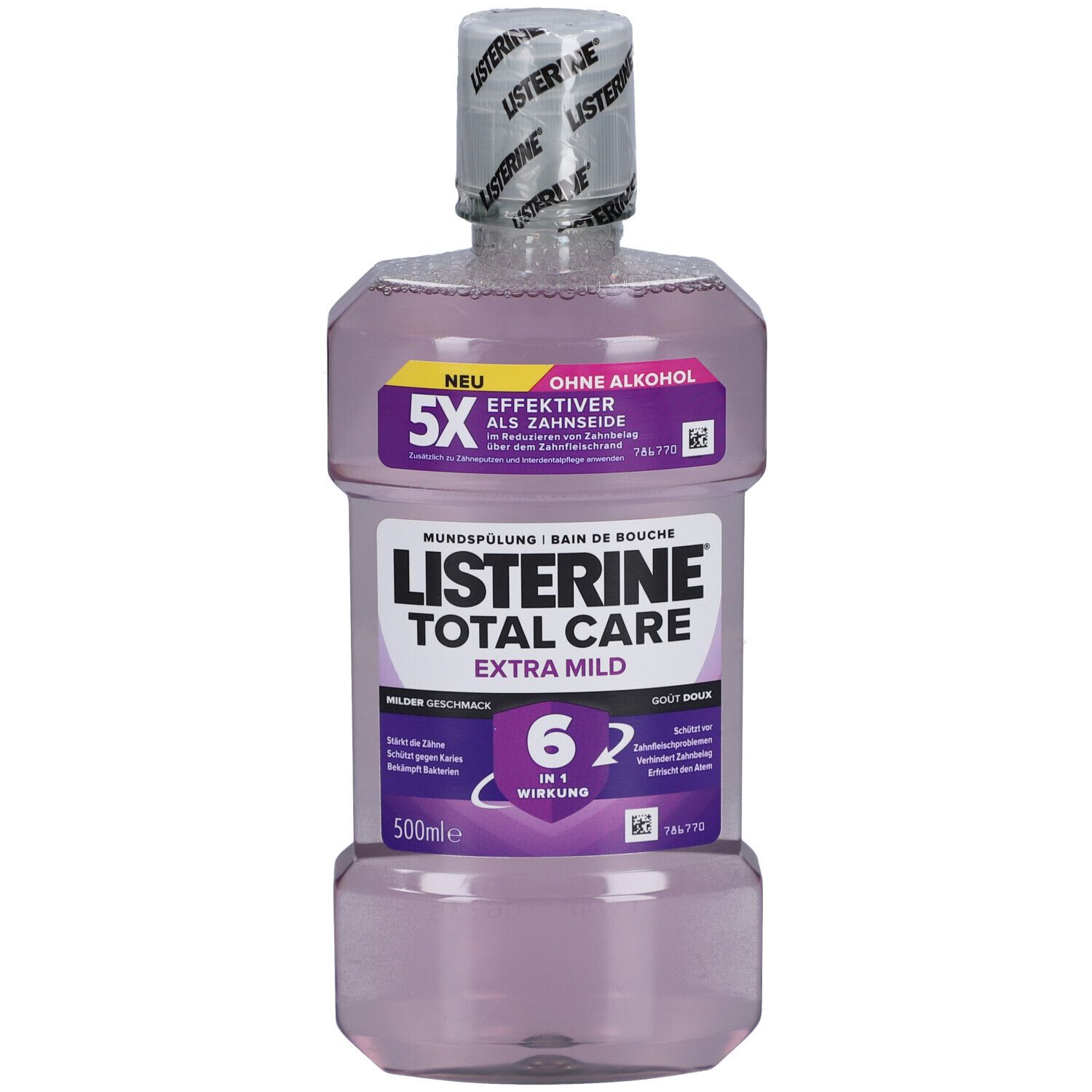 Bain de bouche Listerine Total Care Extra Mild. Bouteille avec liquide violet et étiquette. Contient des informations et des logos.