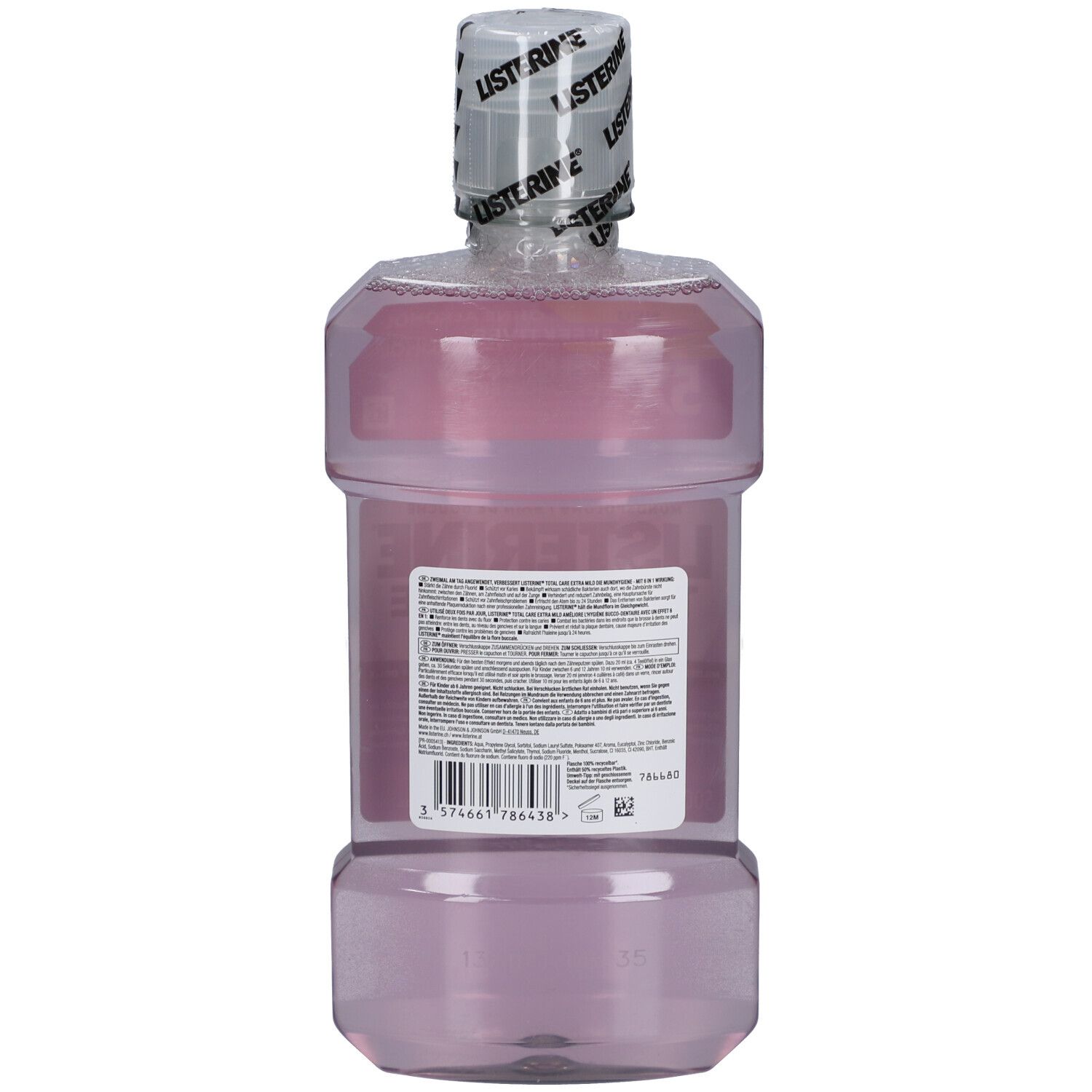 Vue arrière de la bouteille de bain de bouche Listerine Total Care Extra Mild. Bouteille transparente avec étiquette et texte.