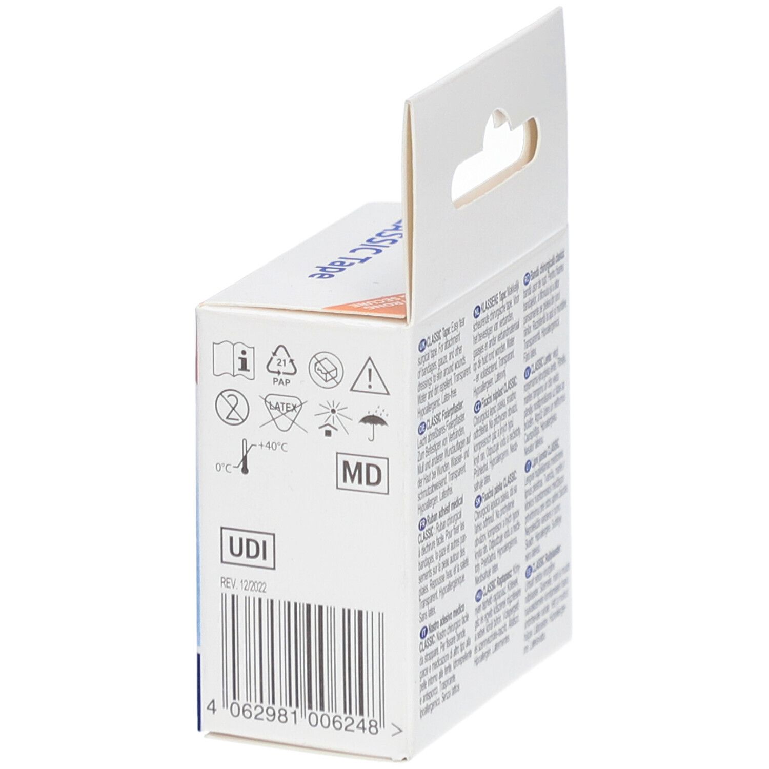 Dos de l'emballage LIVSANE Classic Tape. Pictogrammes et texte. Code UDI. Marque CE.