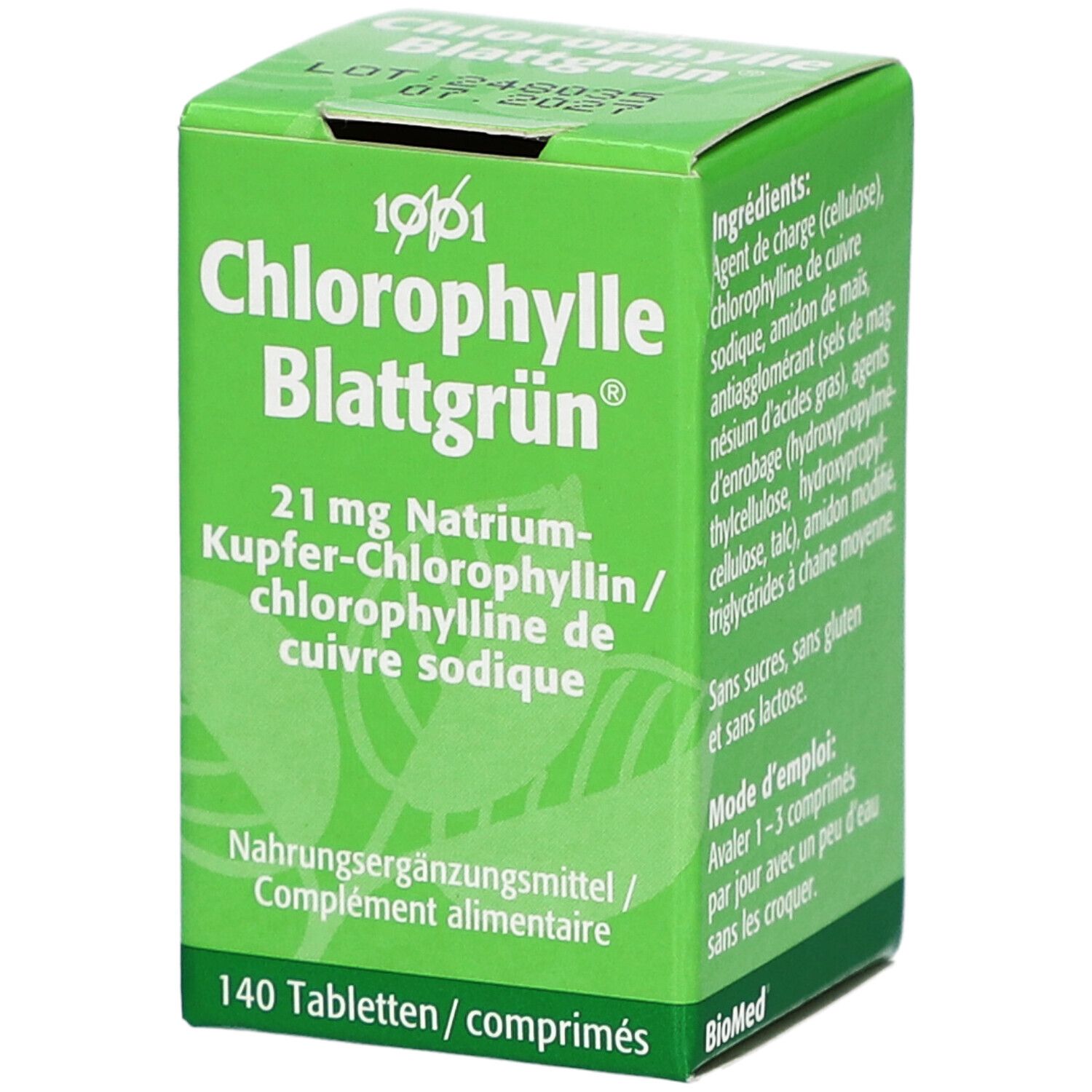 Boîte verte "Chlorophylle Blattgrün" avec texte en allemand et français. 140 comprimés.