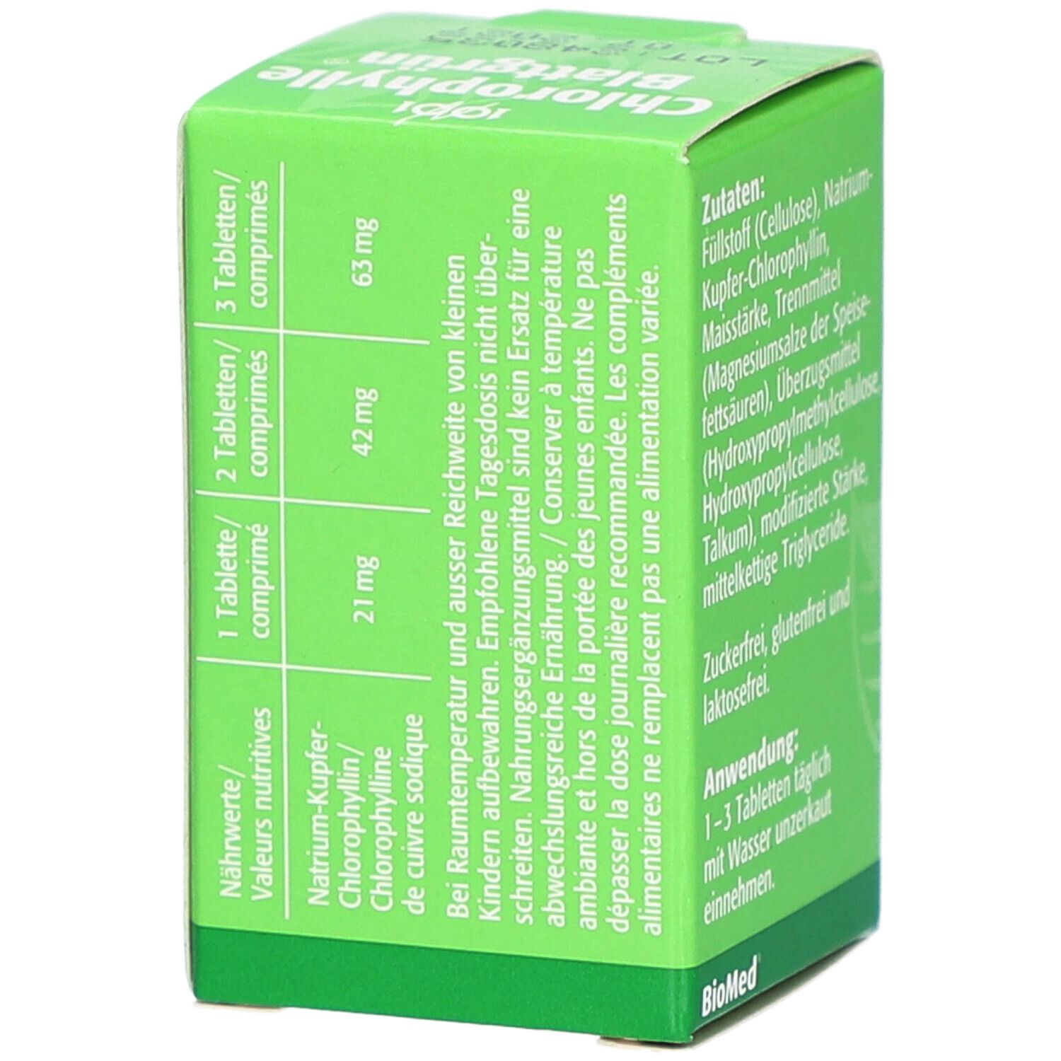 Boîte verte avec informations nutritionnelles et recommandations de dosage. Texte en allemand et français.