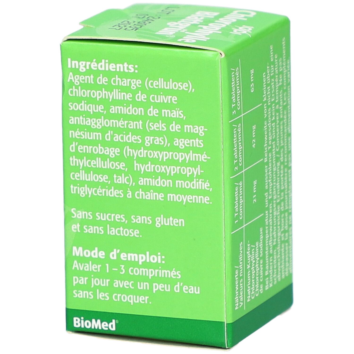 Dos de la boîte verte avec ingrédients et mode d'emploi. Texte en allemand et français. Marque: BioMed.