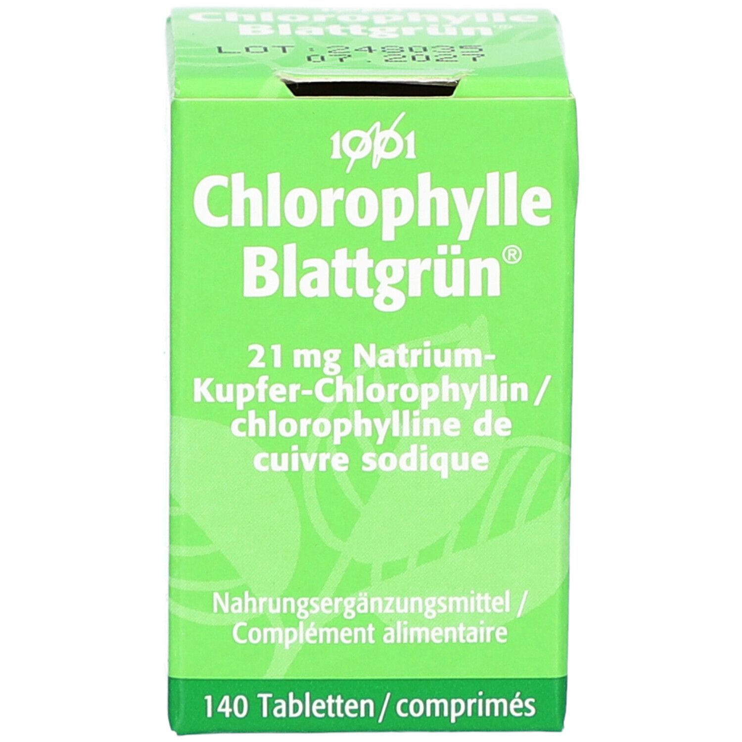 Boîte verte "Chlorophylle Blattgrün" avec texte en allemand et français. 140 comprimés.