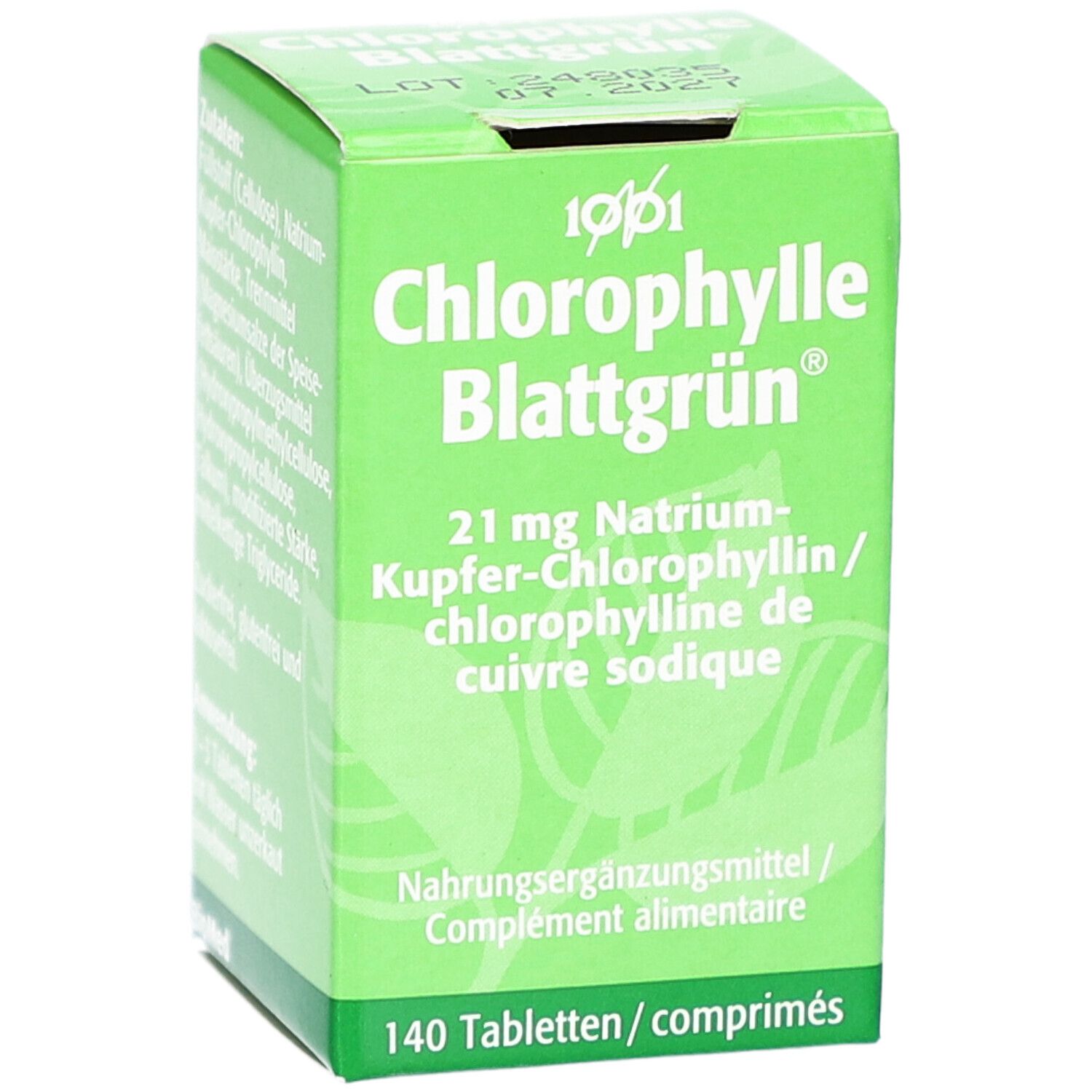 Boîte verte "Chlorophylle Blattgrün" avec texte en allemand et français. 140 comprimés.