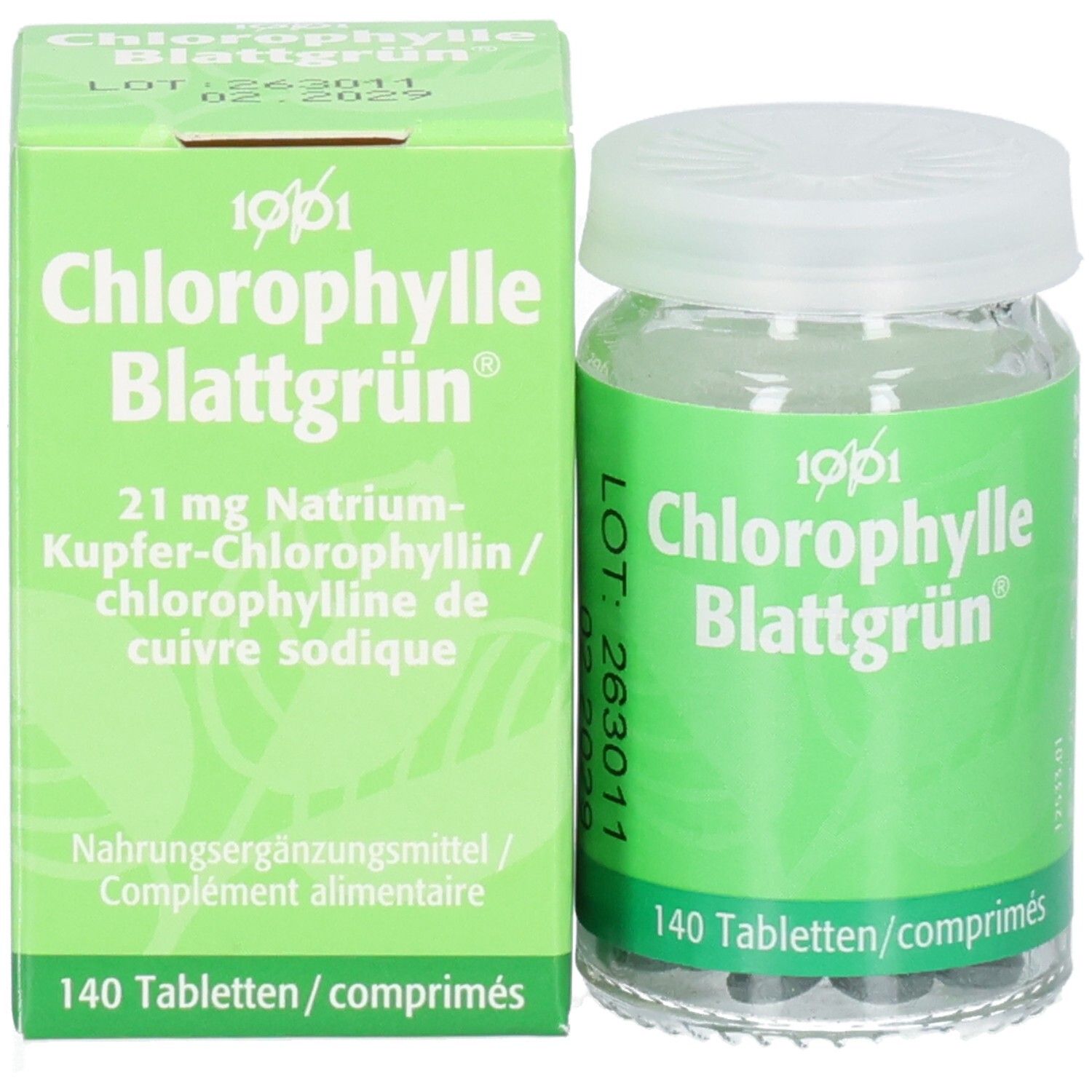 Emballage et bouteille en verre côte à côte. Inscription: Chlorophylle Blattgrün, 140 Tabletten/comprimés.