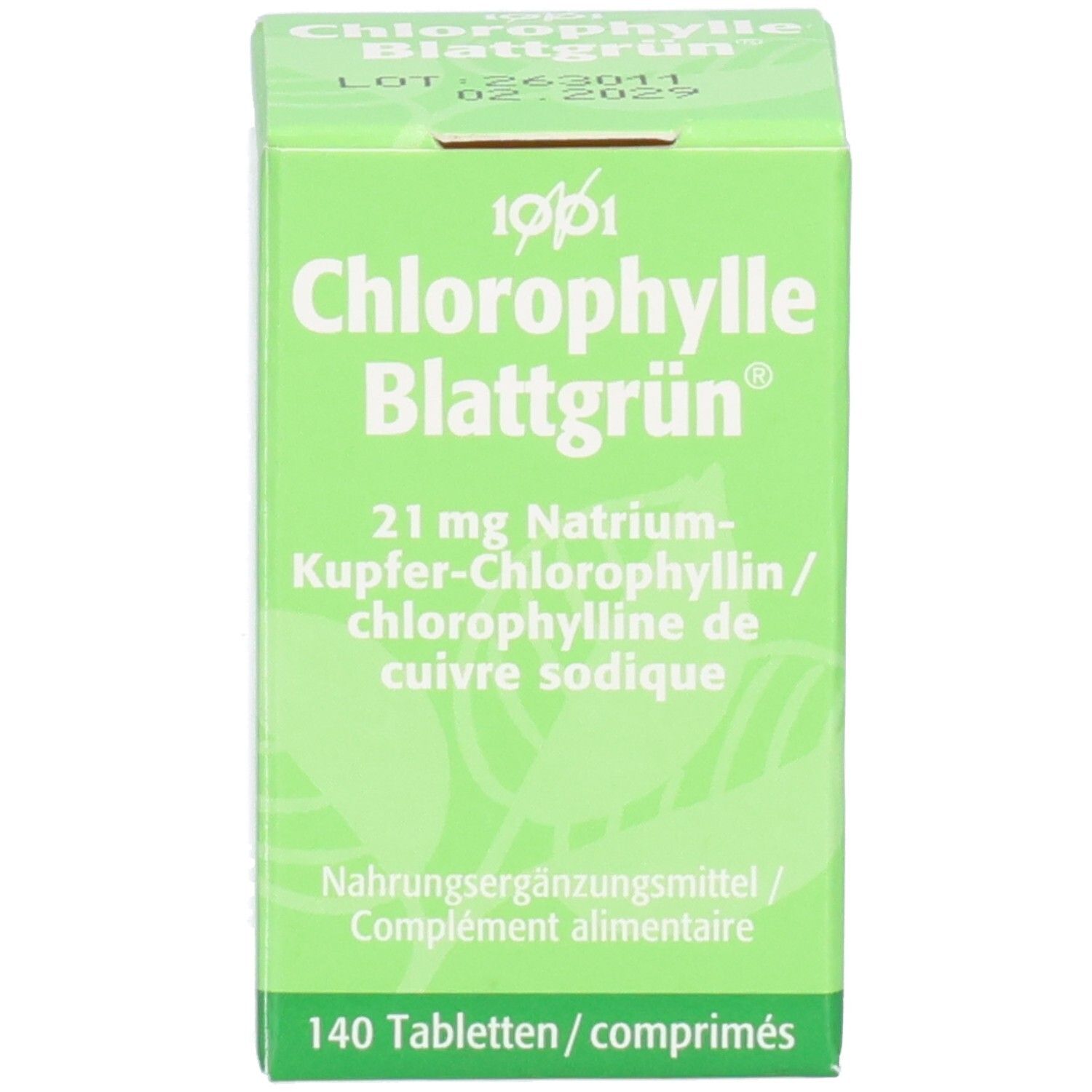 Boîte d'emballage verte. Inscription: Chlorophylle Blattgrün, 140 Tabletten/comprimés.