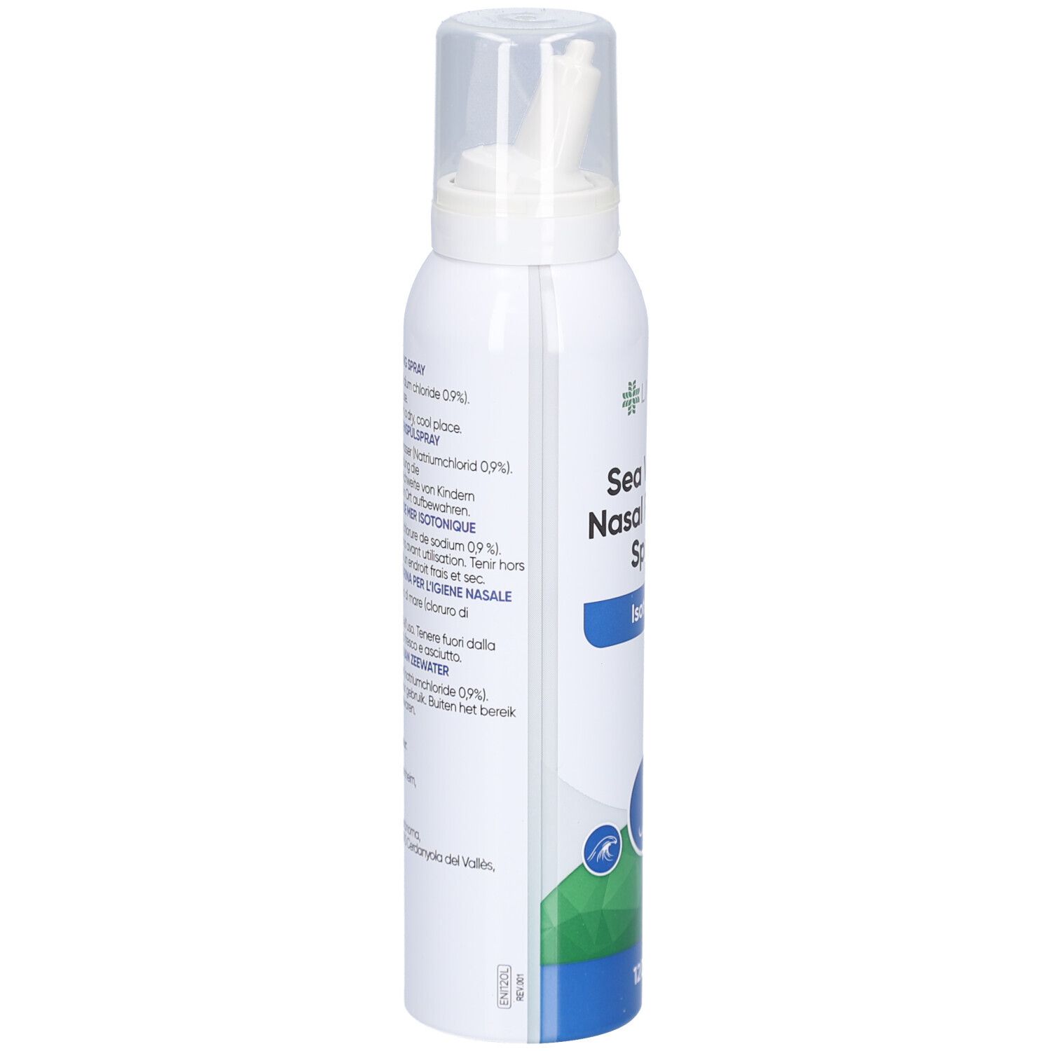 Spray nasal blanc avec texte. Inscription : Sea Water Nasal Rinsing Spray, Isotonic. Informations multilingues.