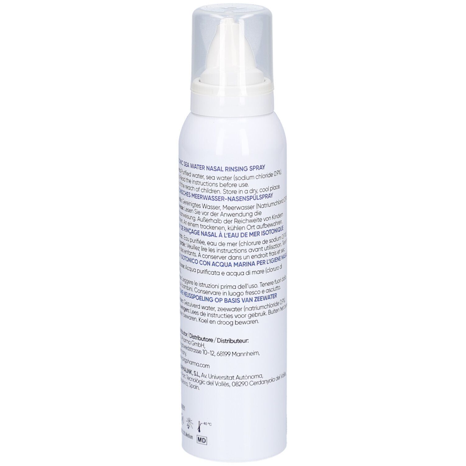 Spray nasal blanc avec texte. Inscription : Sea Water Nasal Rinsing Spray, Isotonic. Informations multilingues.