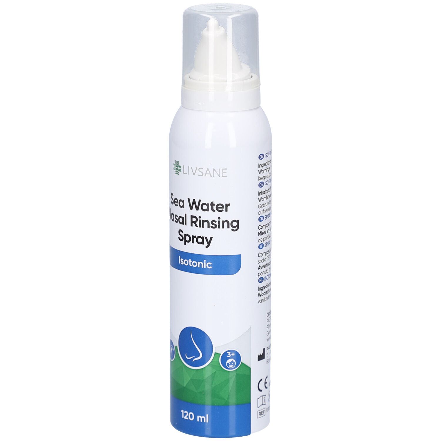 Spray nasal LIVSANE blanc. Inscription : Sea Water Nasal Rinsing Spray, Isotonic. Contenance : 120 ml.