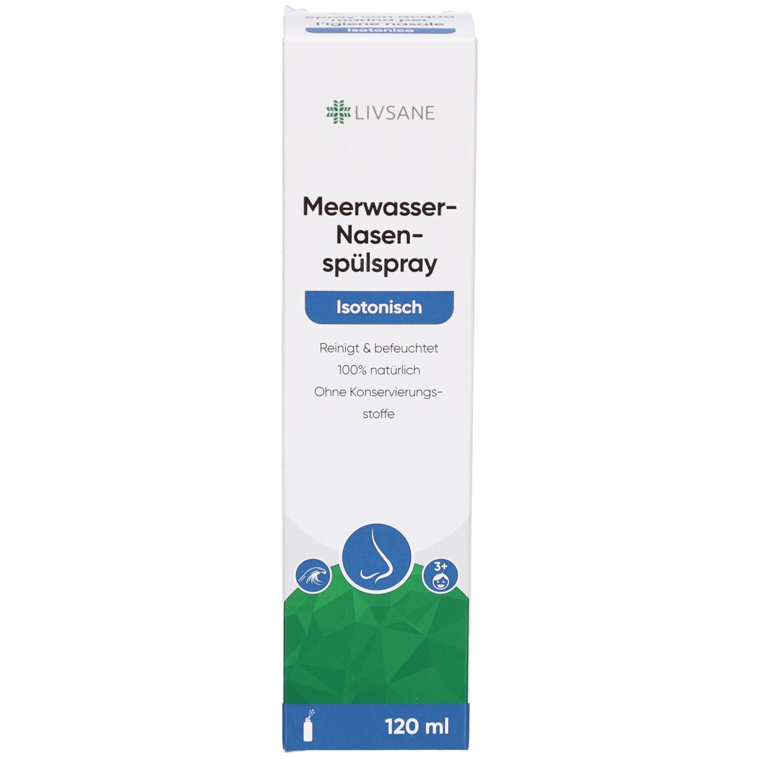 Emballage pour spray nasal LIVSANE. Inscription : Meerwasser-Nasenspülspray, Isotonisch. Contenance : 120 ml.