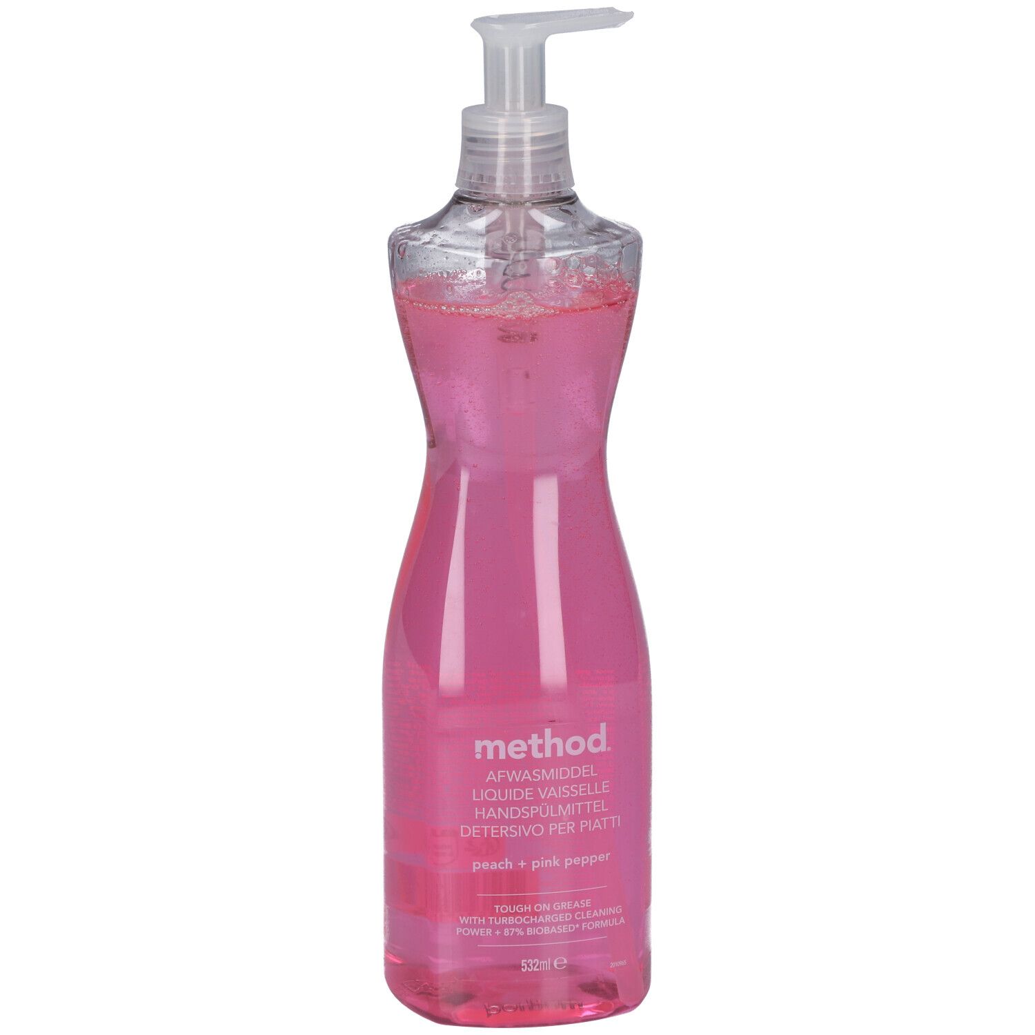 Flacon de liquide vaisselle rose, distributeur transparent. Inscription: method, Peach + Pink Pepper.