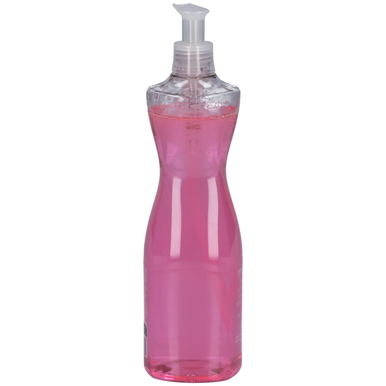 Flacon de liquide vaisselle rose, distributeur transparent.