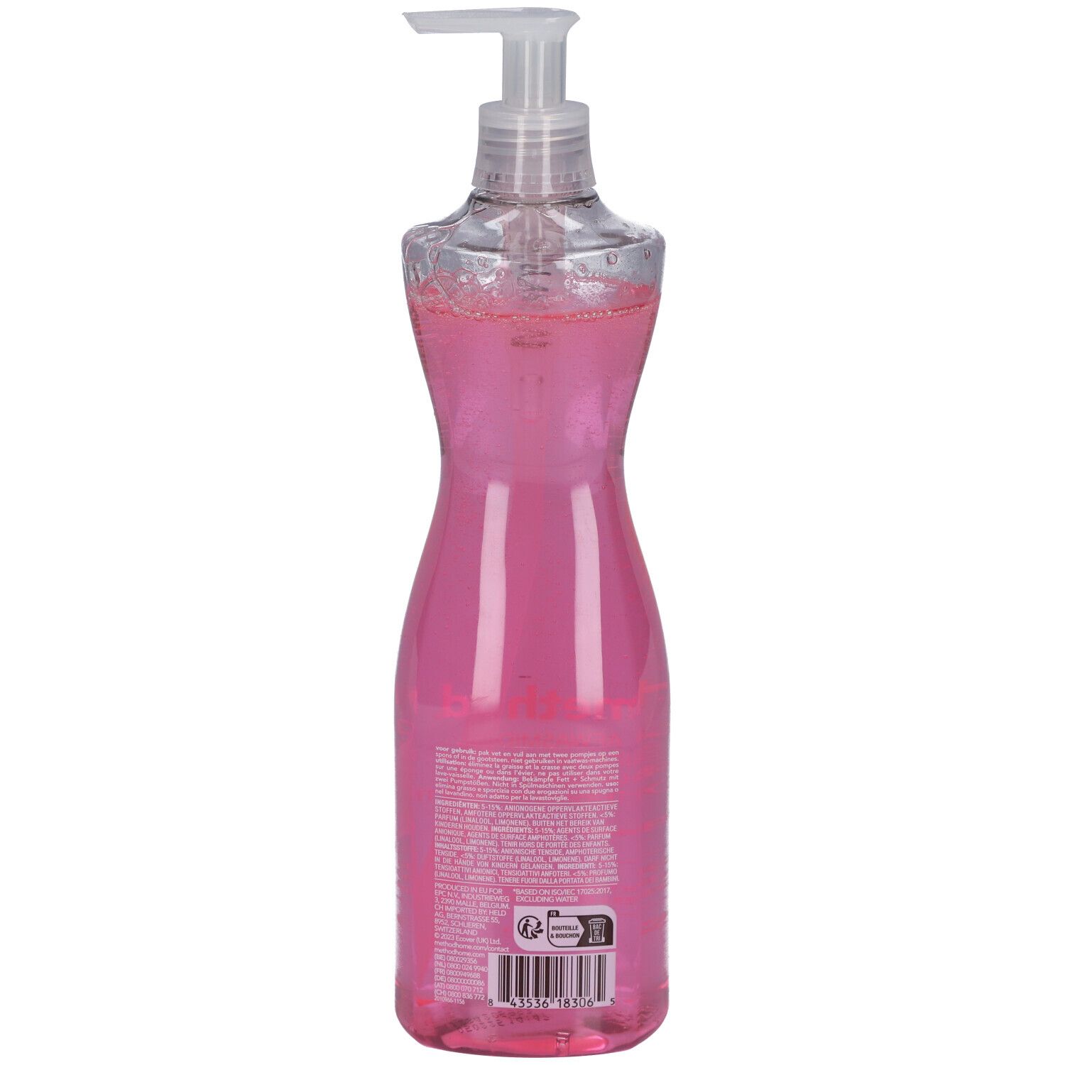Dos du flacon de liquide vaisselle. Liquide rose, distributeur transparent. Texte et code-barres.