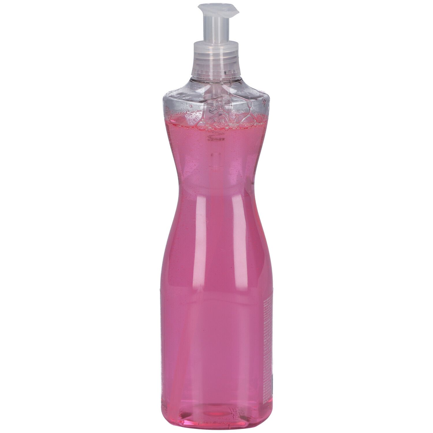 Flacon de liquide vaisselle rose, distributeur transparent.