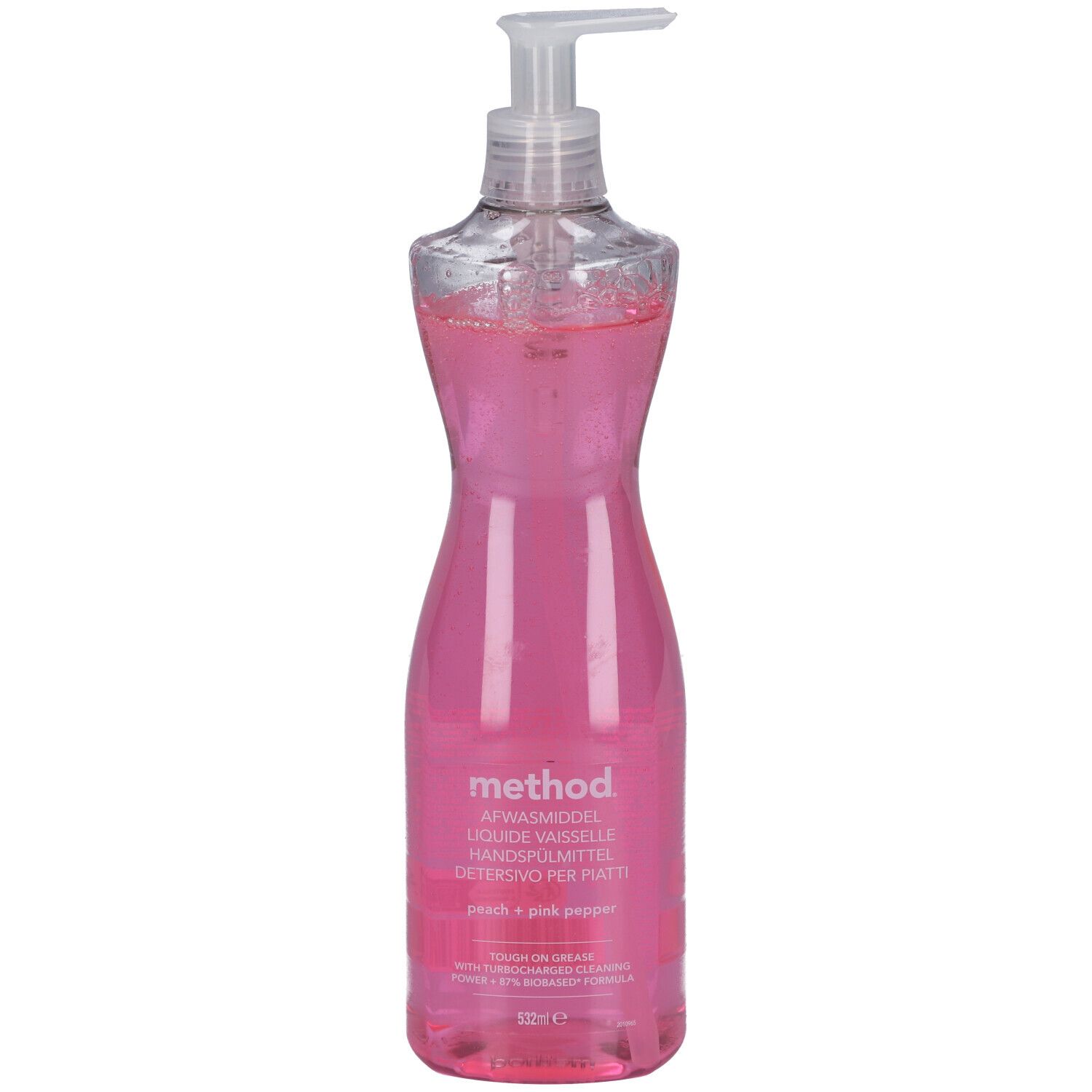 Flacon de liquide vaisselle rose, distributeur transparent. Inscription: method, Peach + Pink Pepper.