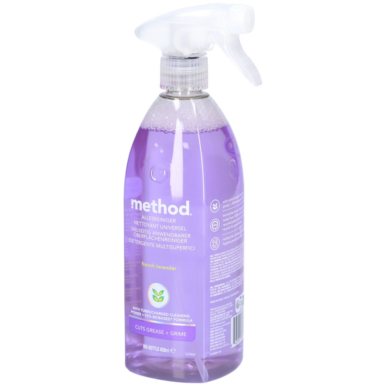 Flacon pulvérisateur rempli de liquide violet. Inscription : method Nettoyant Universel, French Lavender. Coupe la graisse et la saleté.