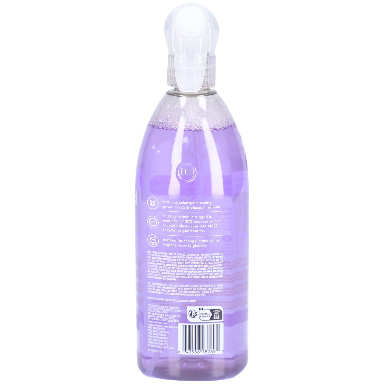 Dos d'un flacon pulvérisateur. Liquide violet visible. Texte : pour des surfaces si brillantes qu'elles chantent spontanément.