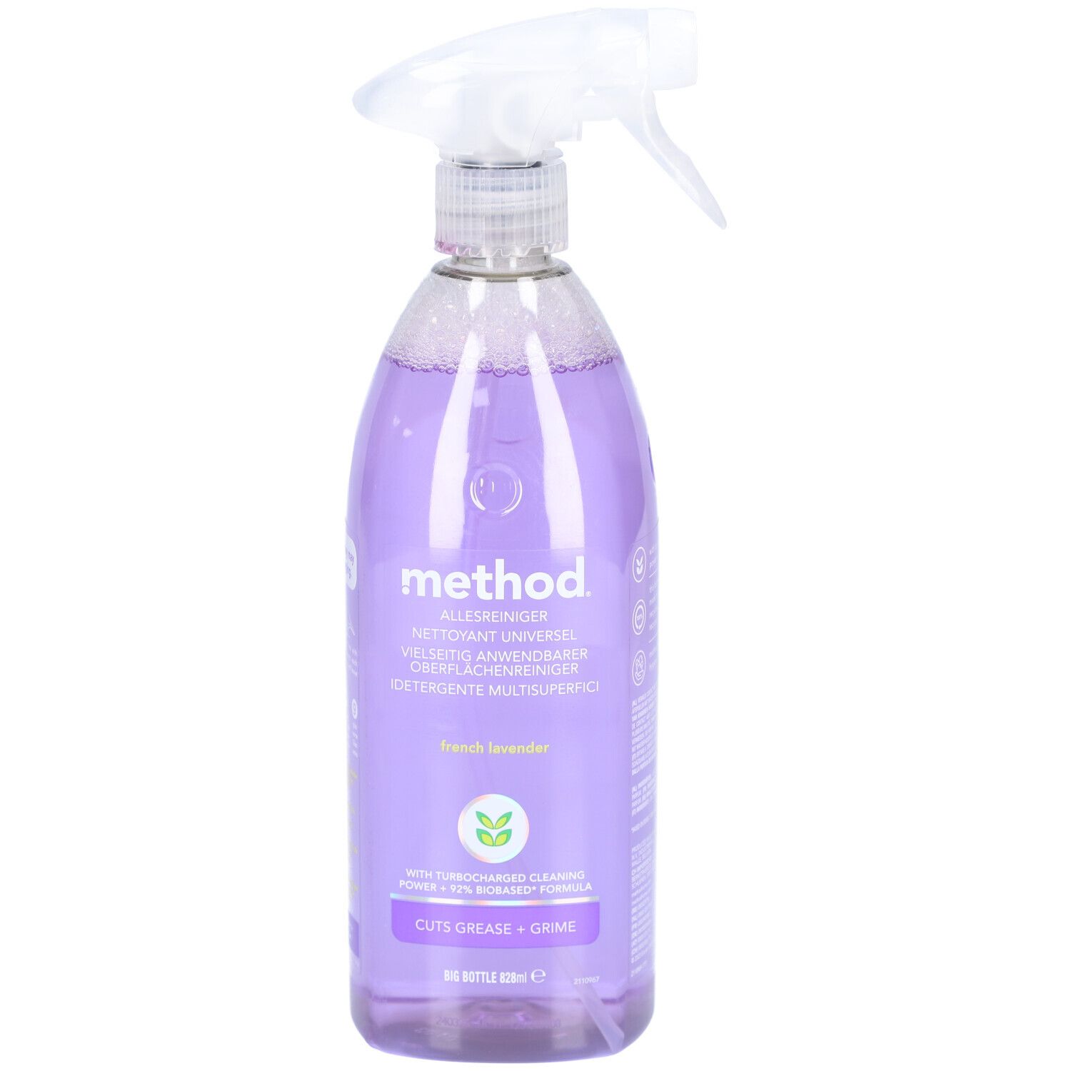 Flacon pulvérisateur rempli de liquide violet. Inscription : method Nettoyant Universel, French Lavender. Coupe la graisse et la saleté.