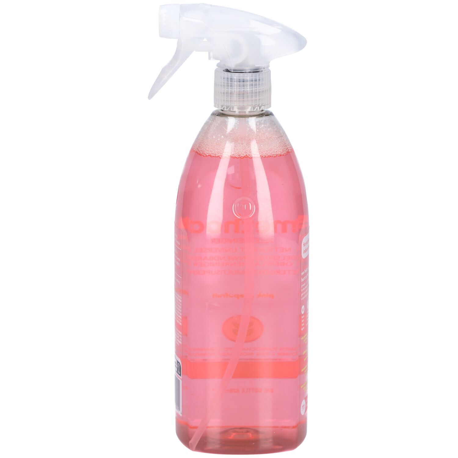 Nettoyant en spray rose avec tête de pulvérisation. Inscription : method, Pink Grapefruit. Bouteille remplie de liquide.