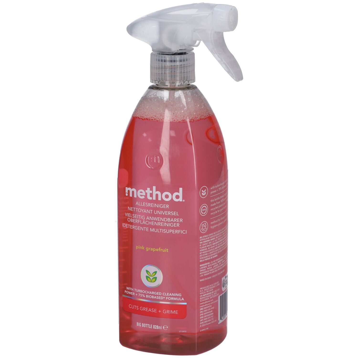 Nettoyant en spray rose avec tête de pulvérisation. Inscription : method, Pink Grapefruit. Bouteille remplie de liquide.