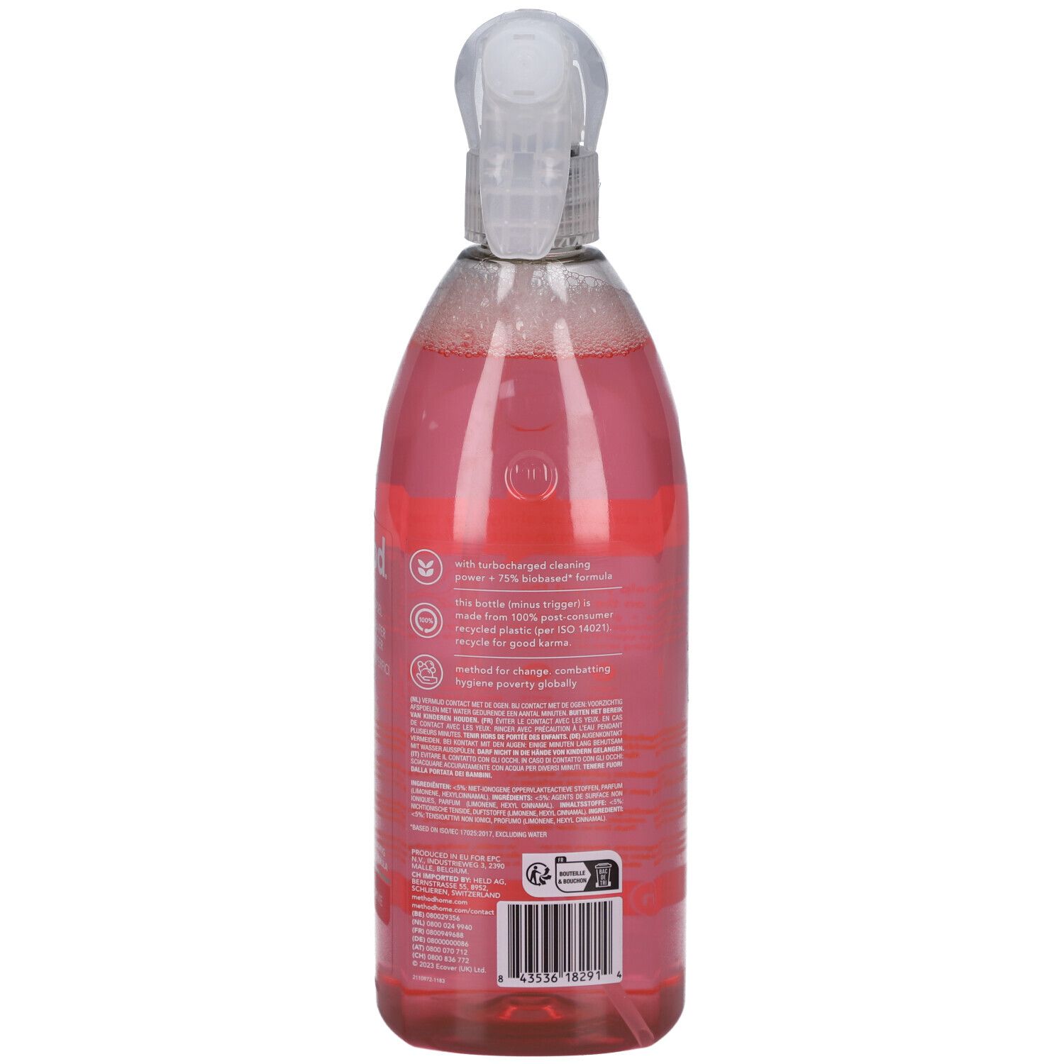 Dos d'un flacon pulvérisateur rose. Texte : informations sur le produit, ingrédients, recyclable.
