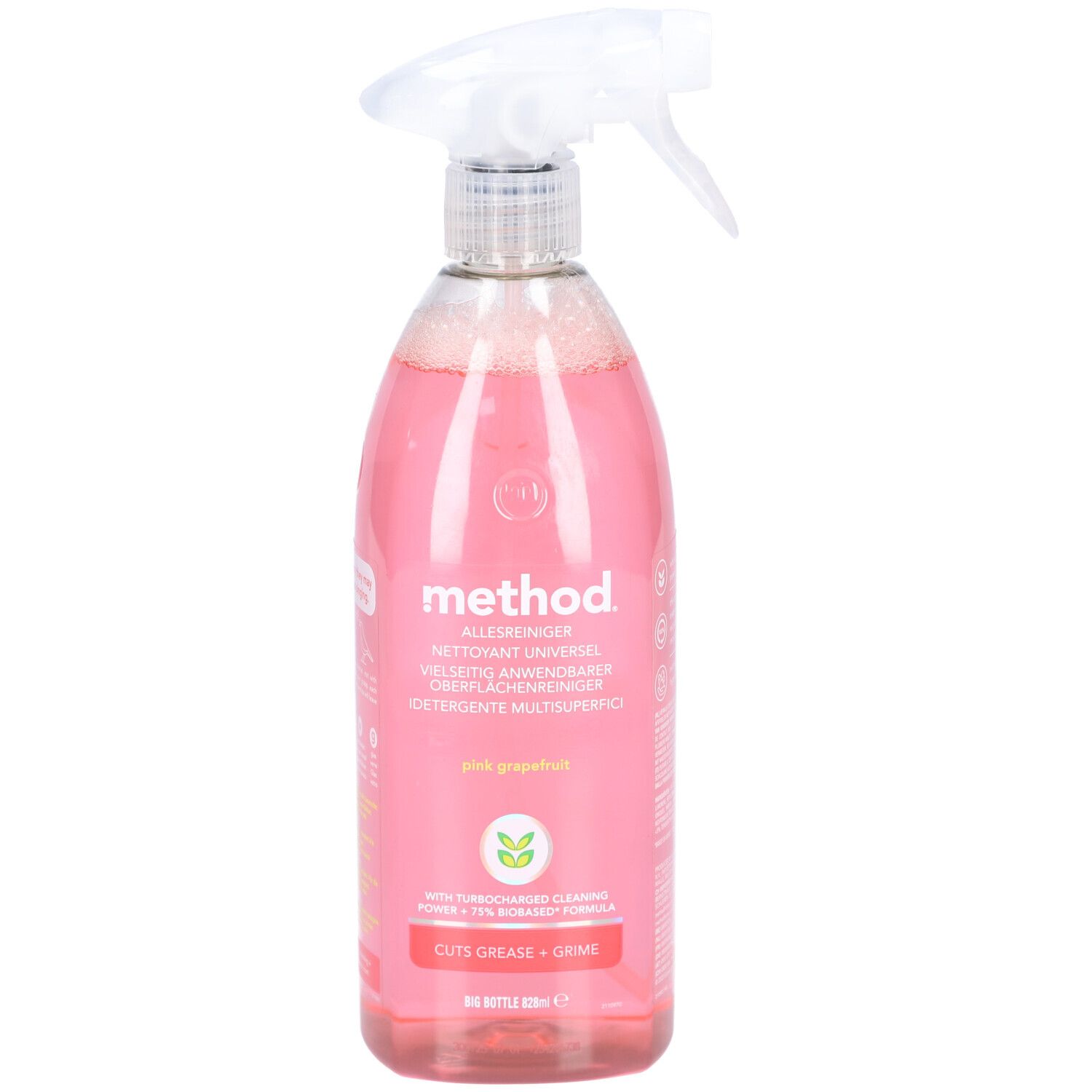 Nettoyant en spray rose avec tête de pulvérisation. Inscription : method, Pink Grapefruit. Bouteille remplie de liquide.