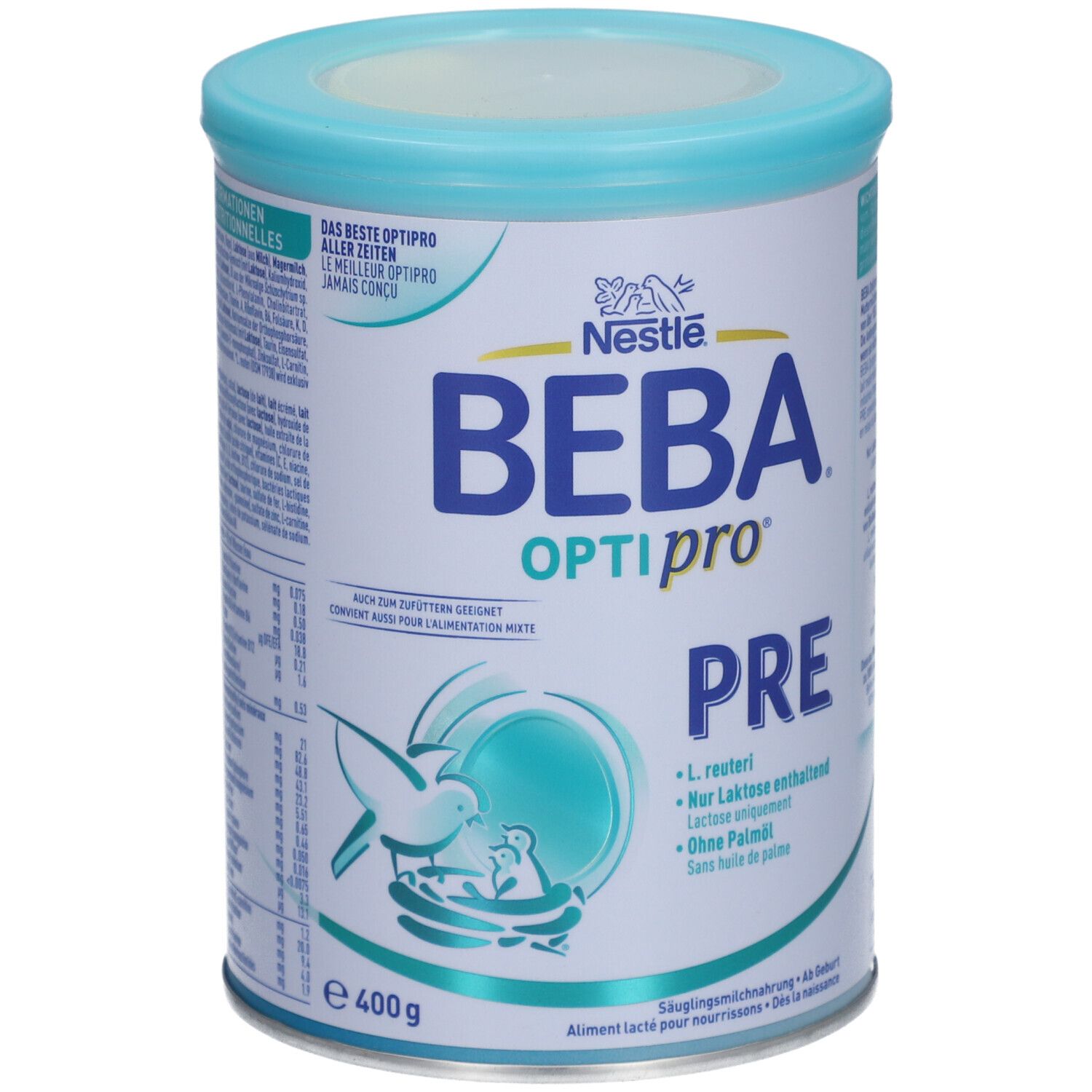 Boîte de lait infantile BEBA Optipro Pre. Couvercle bleu clair, boîte blanche avec texte et logo. 400g.