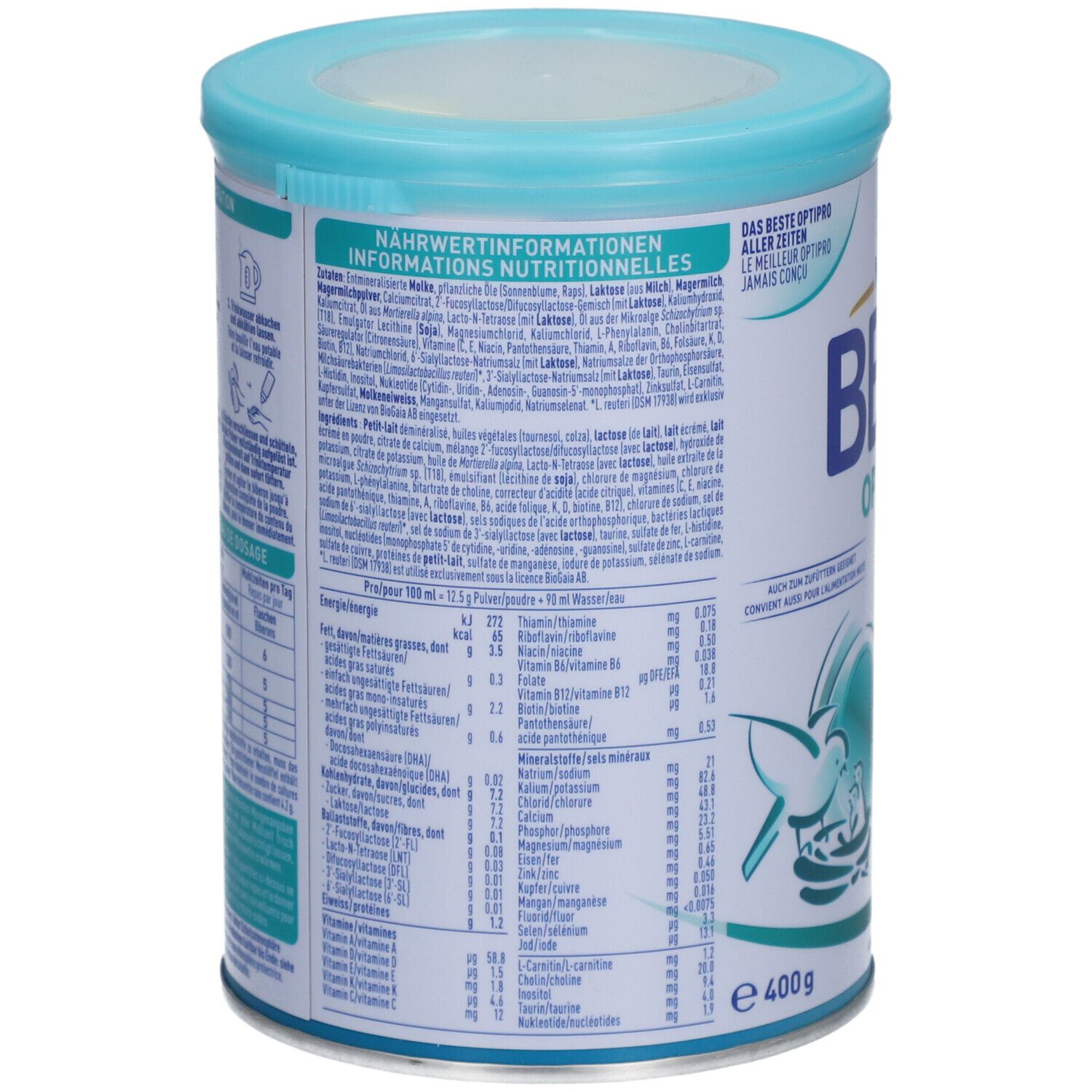 Dos de la boîte de lait infantile. Informations nutritionnelles, texte, graphiques. 400g. Couvercle bleu clair.