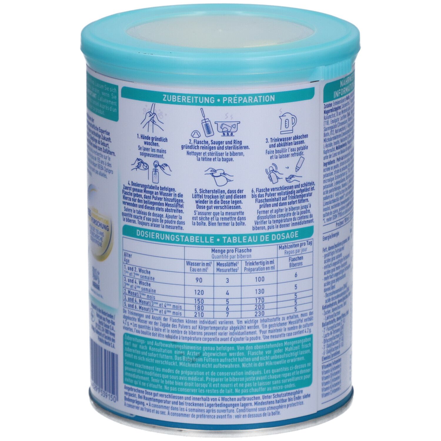 Dos de la boîte avec instructions de préparation et tableau de dosage. Couvercle bleu clair.