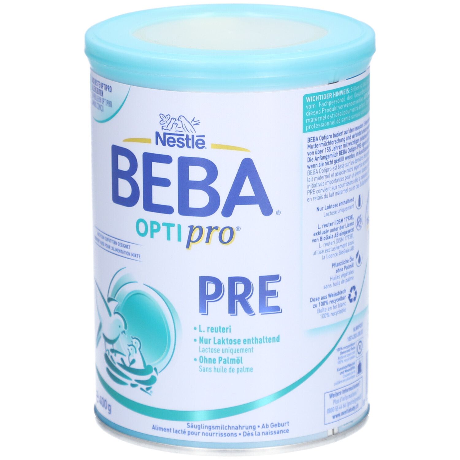 Boîte de lait infantile BEBA Optipro Pre. Couvercle bleu clair, boîte blanche avec texte et logo. 400g.