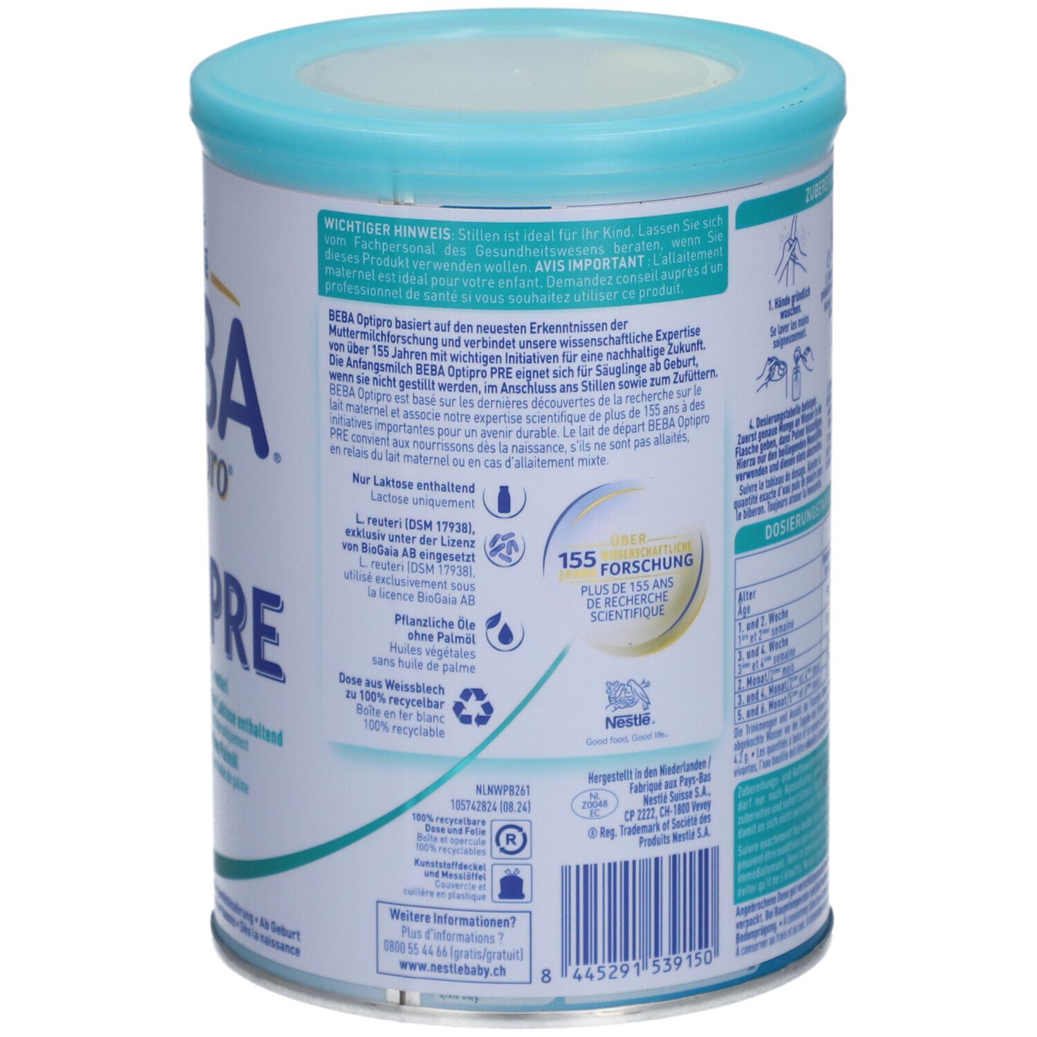 Dos de la boîte avec texte, logo, symboles de recyclage. Couvercle bleu clair. Marque BEBA Optipro Pre.