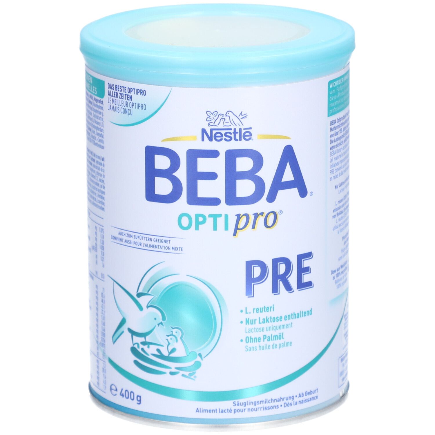 Boîte de lait infantile BEBA Optipro Pre. Couvercle bleu clair, boîte blanche avec texte et logo. 400g.