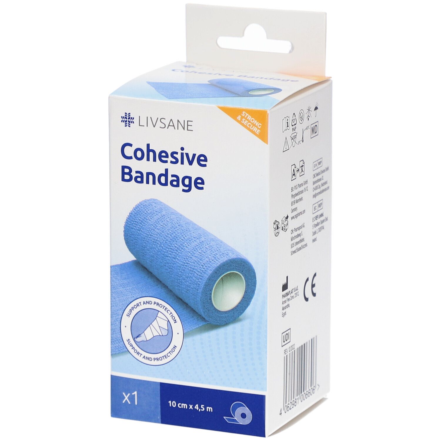 Boîte de bandage cohésif bleu. Inscription: LIVSANE Cohesive Bandage, 10 cm x 4,5 m. Logo CE. Support et protection.