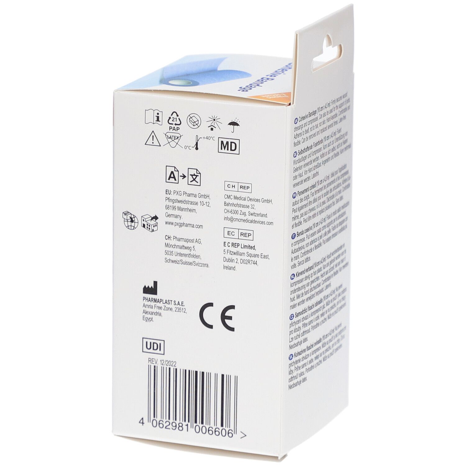 Emballage de bandage cohésif. Informations fabricant, logo CE, code UDI et code-barres. Avertissements et symboles.
