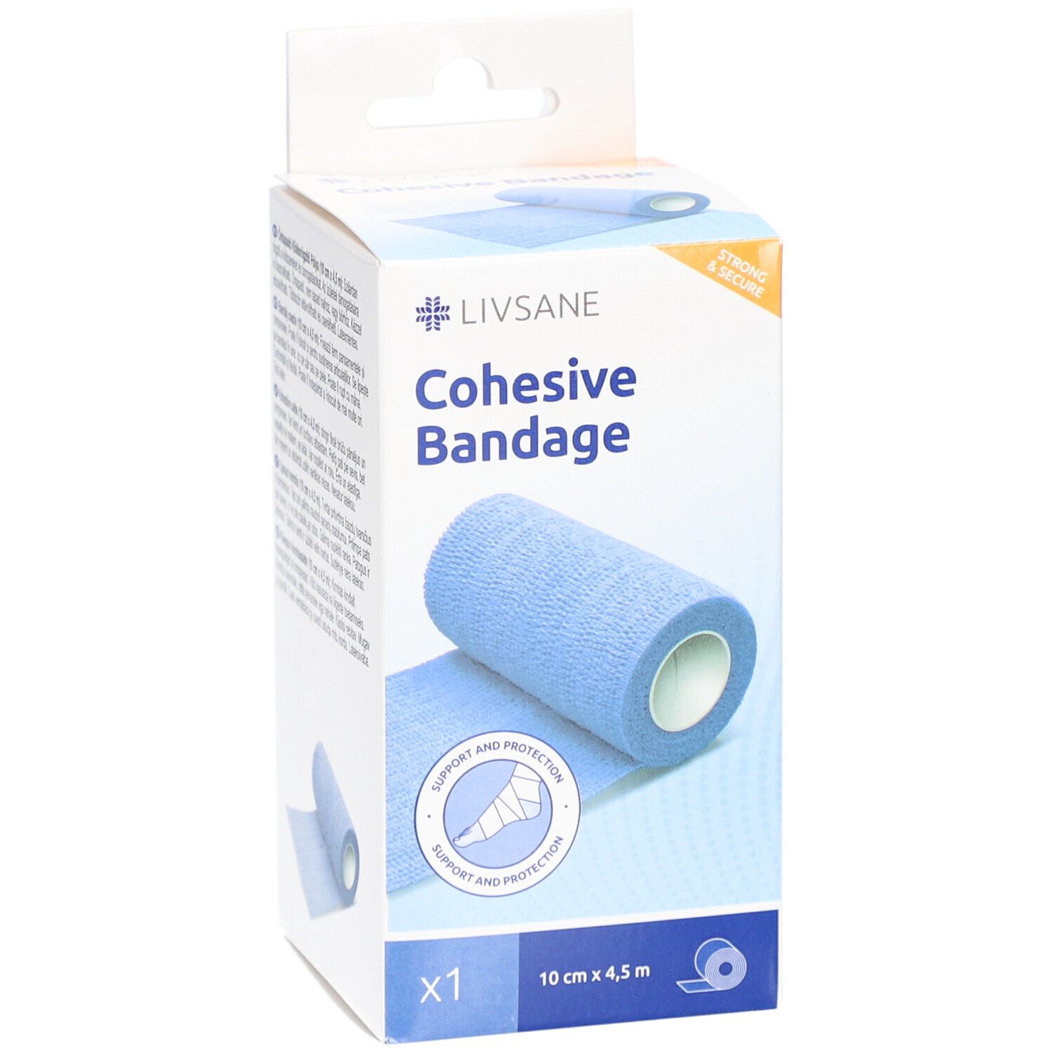 Emballage de bandage cohésif bleu. Inscription: LIVSANE Cohesive Bandage, 10 cm x 4,5 m. Logo CE. Illustration du produit.