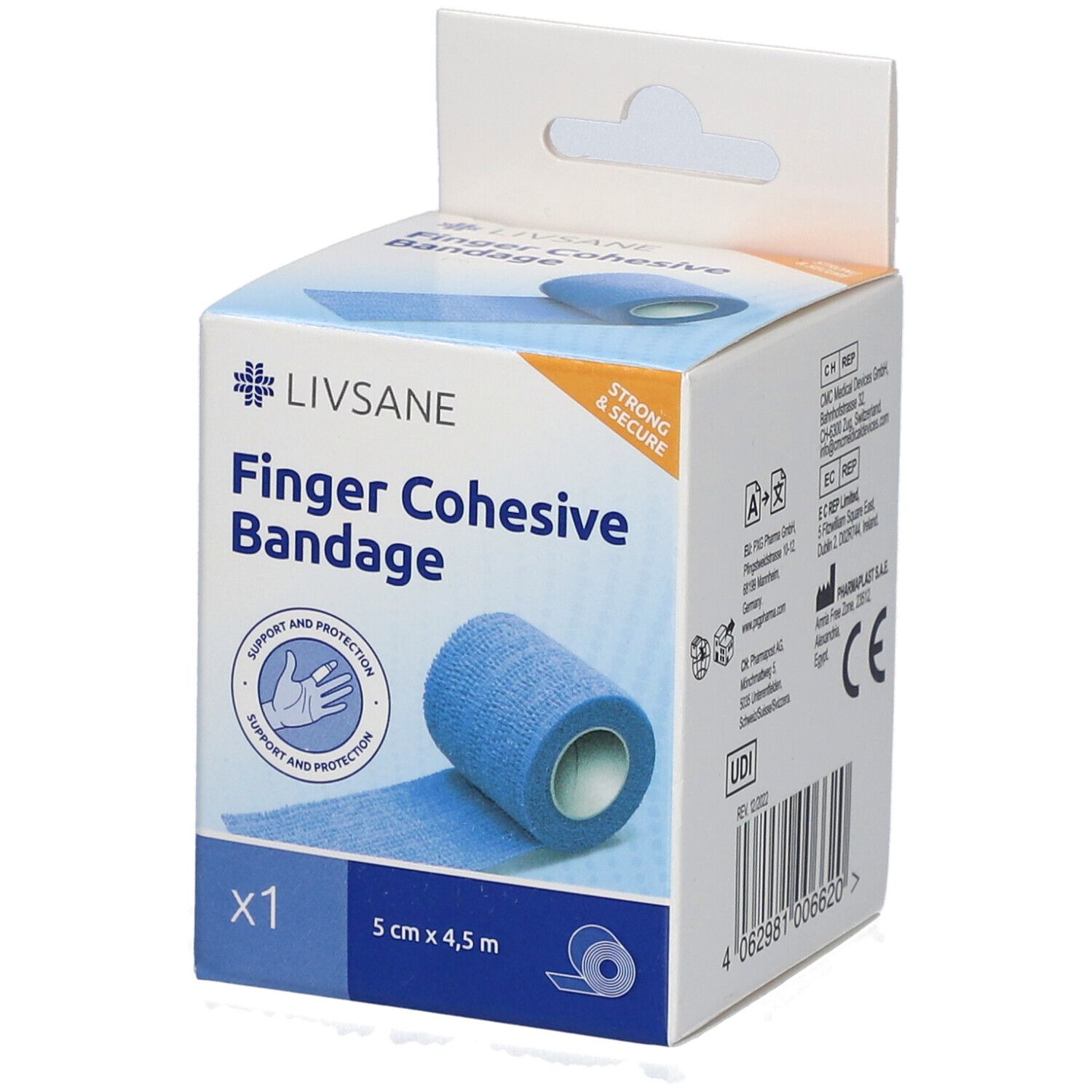 Boîte de bandage LIVSANE bleu pour doigts. Inscription : Finger Cohesive Bandage, 5 cm x 4,5 m. Avec marquage CE.