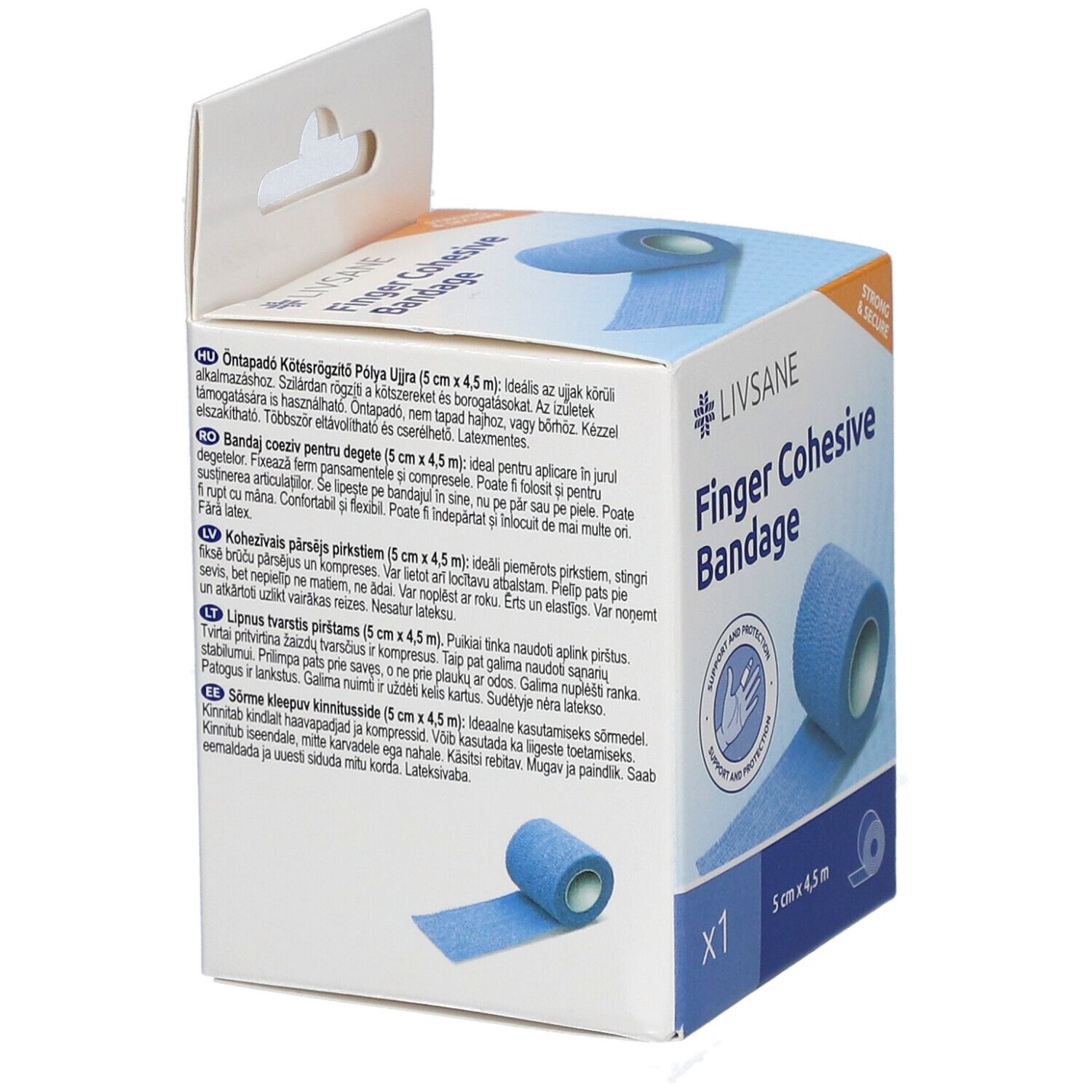 Emballage de bandage LIVSANE bleu pour doigts. Textes multilingues. Inscription : Finger Cohesive Bandage, 5 cm x 4,5 m.