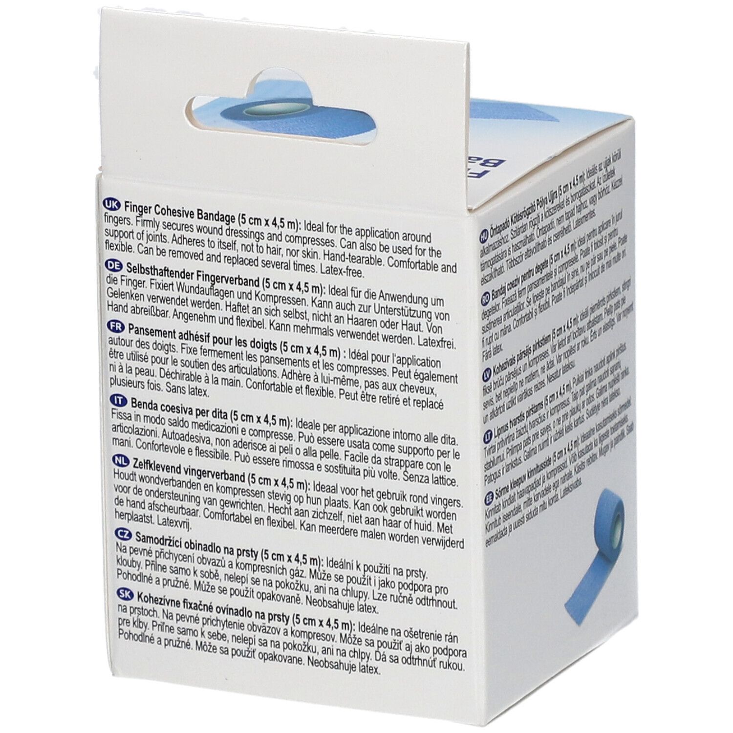 Dos de l'emballage avec textes multilingues. Informations sur le bandage pour doigts, 5 cm x 4,5 m.