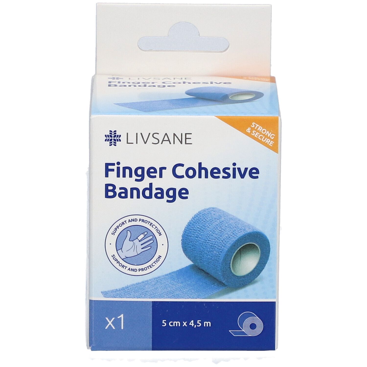 Vue de face de l'emballage avec bandage bleu pour doigts. Inscription : Finger Cohesive Bandage, 5 cm x 4,5 m.