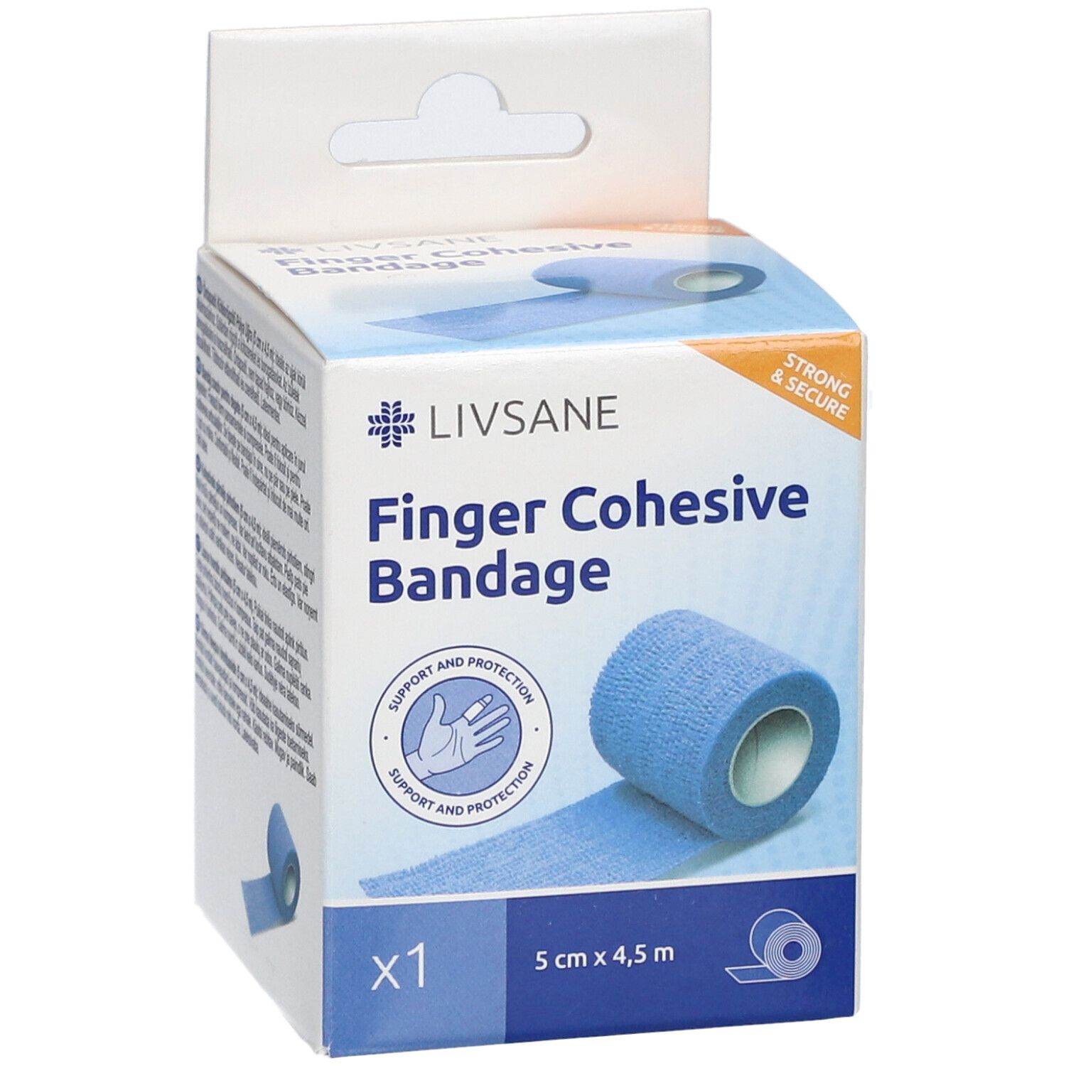 Emballage avec bandage bleu pour doigts. Inscription : Finger Cohesive Bandage, 5 cm x 4,5 m. Avec marquage CE.