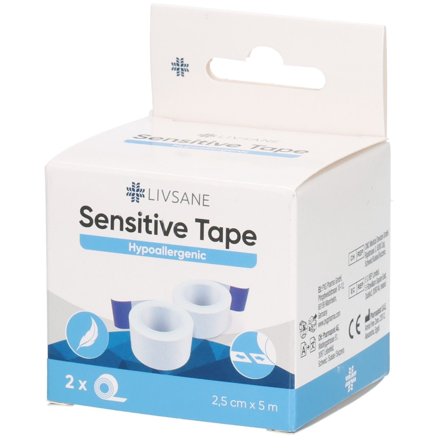 Boîte de LIVSANE Sensitive Tape. Contient deux rouleaux. Inscriptions : Sensitive Tape, 2,5 cm x 5 m, hypoallergénique.